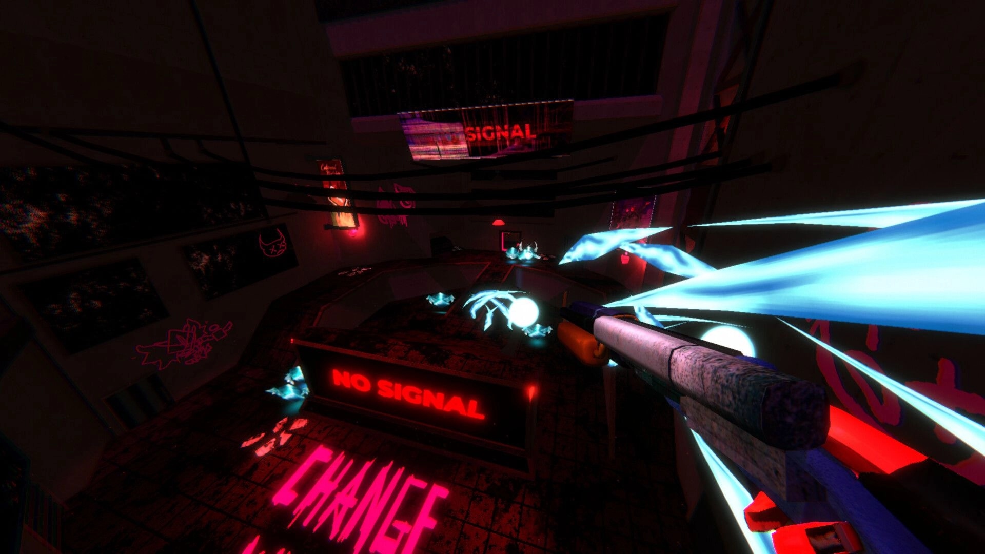 Heavenstrafer: First-person combat with glowing enemies and "NO SIGNAL" sign in dark, neon-lit arena