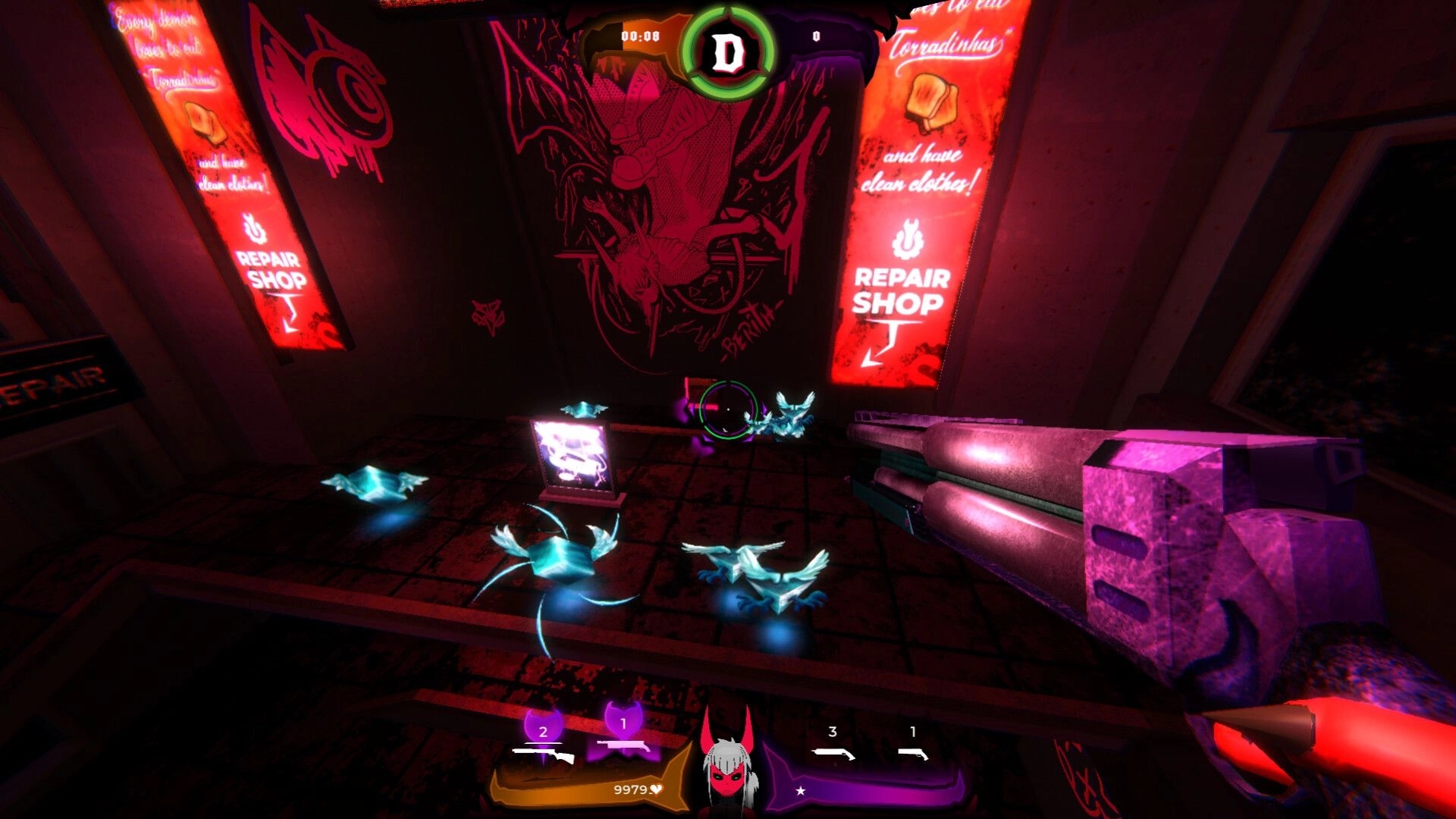 Heavenstrafer: Player aiming at glowing enemies in neon-lit repair shop with UI health and ammo displayed.