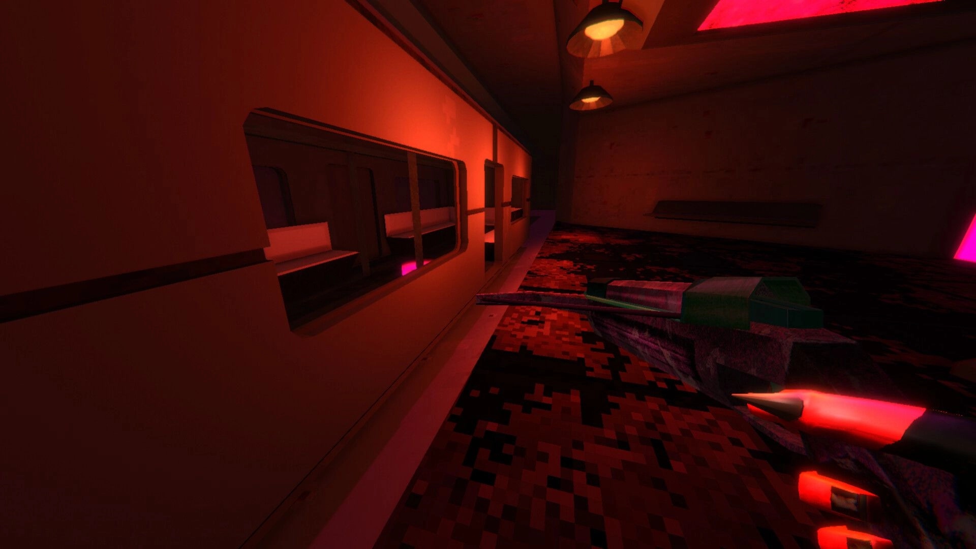 Heavenstrafer: First-person view holding a weapon in a dimly lit corridor with red and pink lighting.