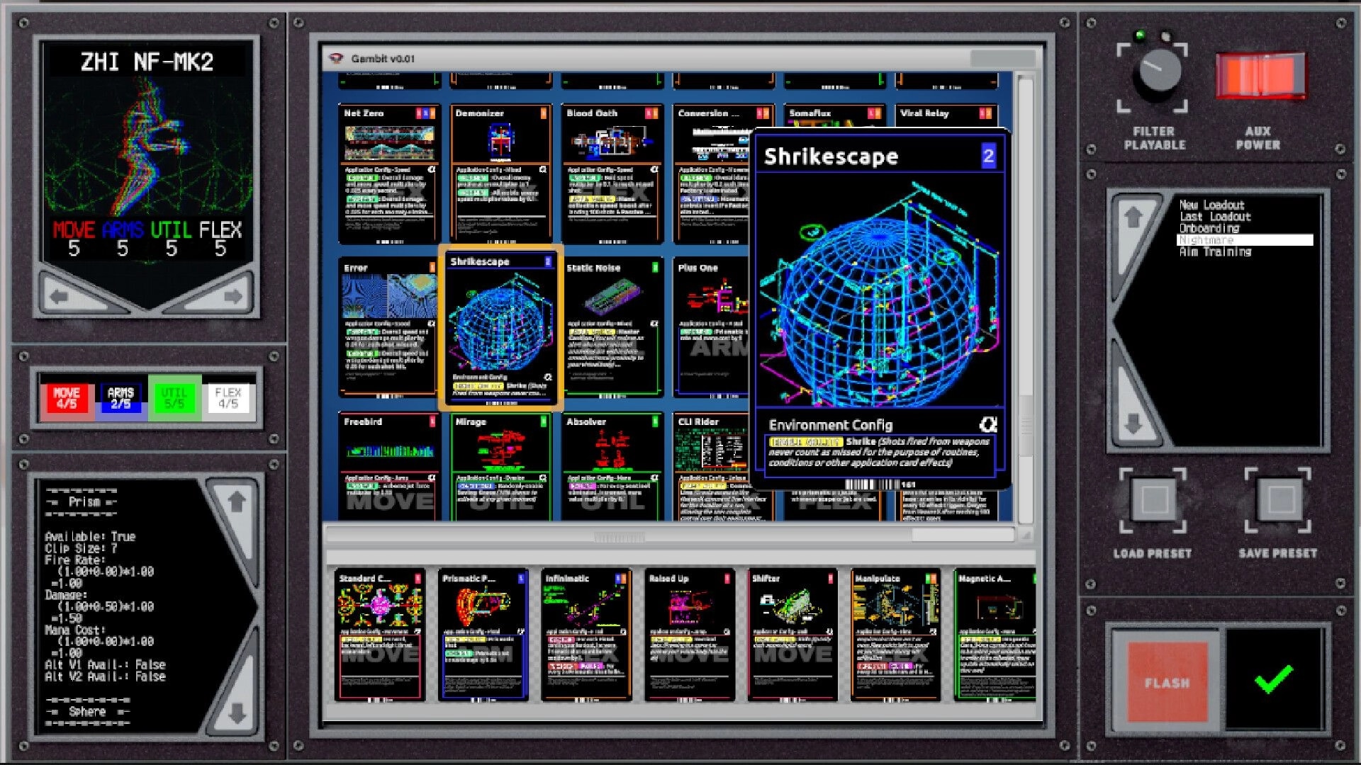 HeavenX: Card selection interface displaying various ability cards like Shrikescape and Prismatic Pulse
