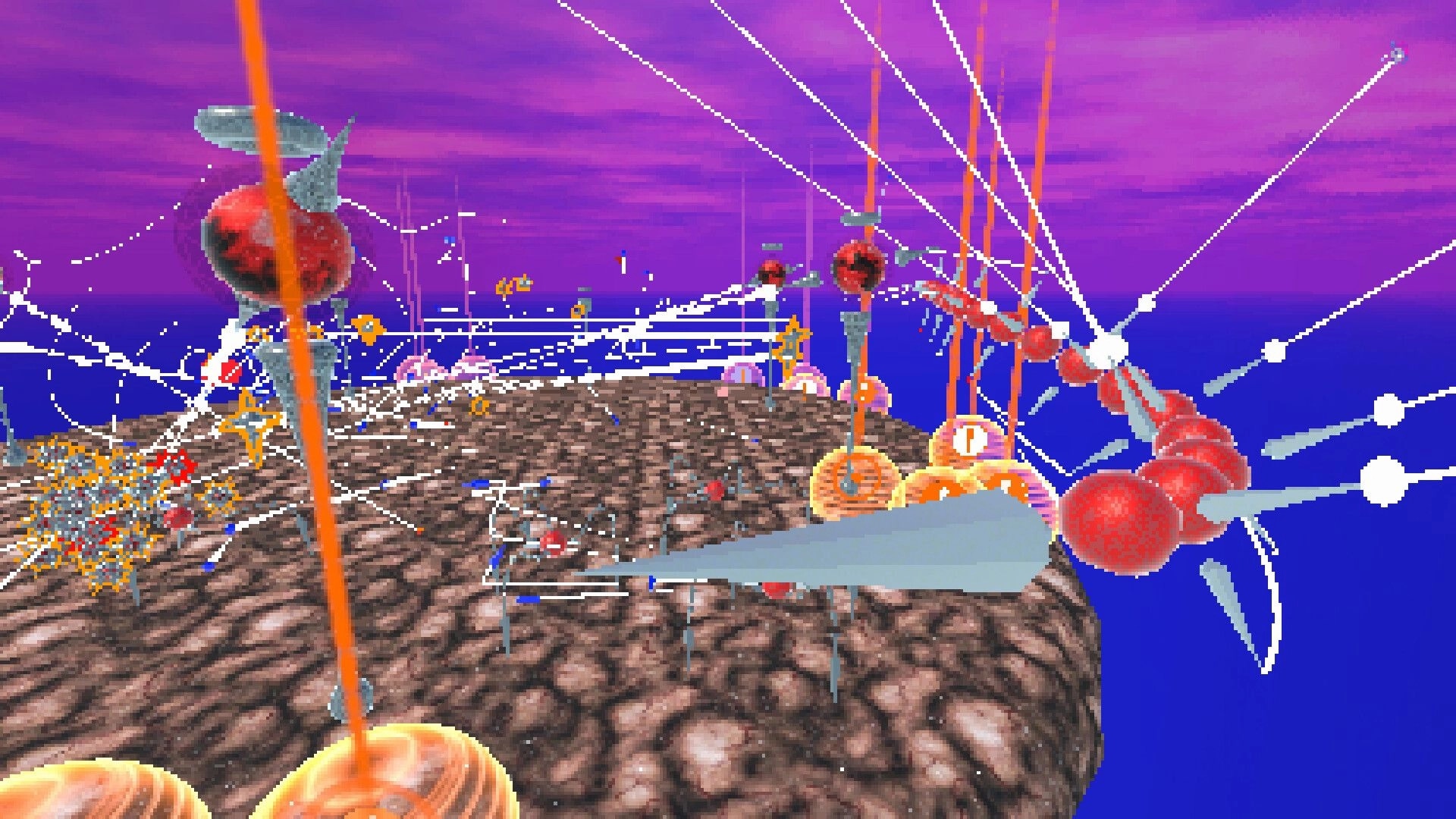 HeavenX: Floating island with abstract red and orange structures against vibrant purple sky and ocean.