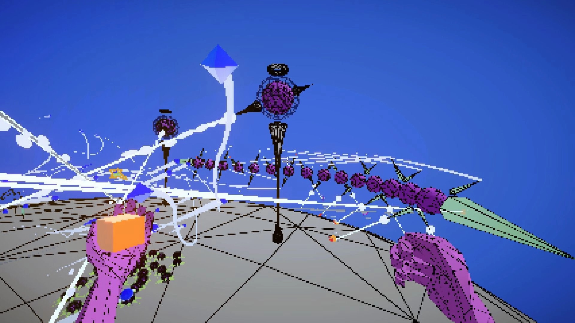 HeavenX: Player with orange block in hand surrounded by purple drones on geometric platform in blue sky