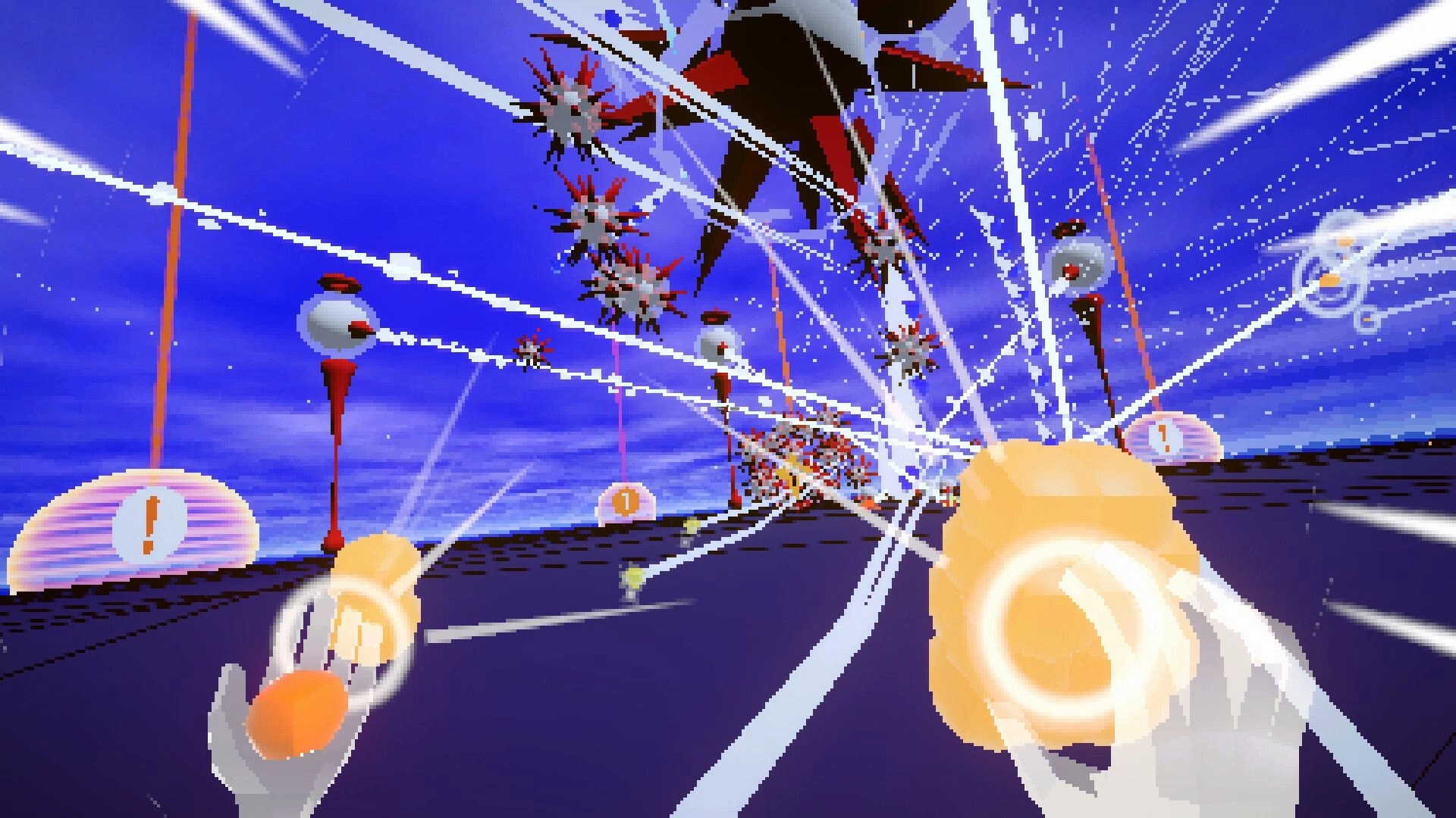 HeavenX: Player shooting energy projectiles at floating enemies in a vibrant digital arena environment