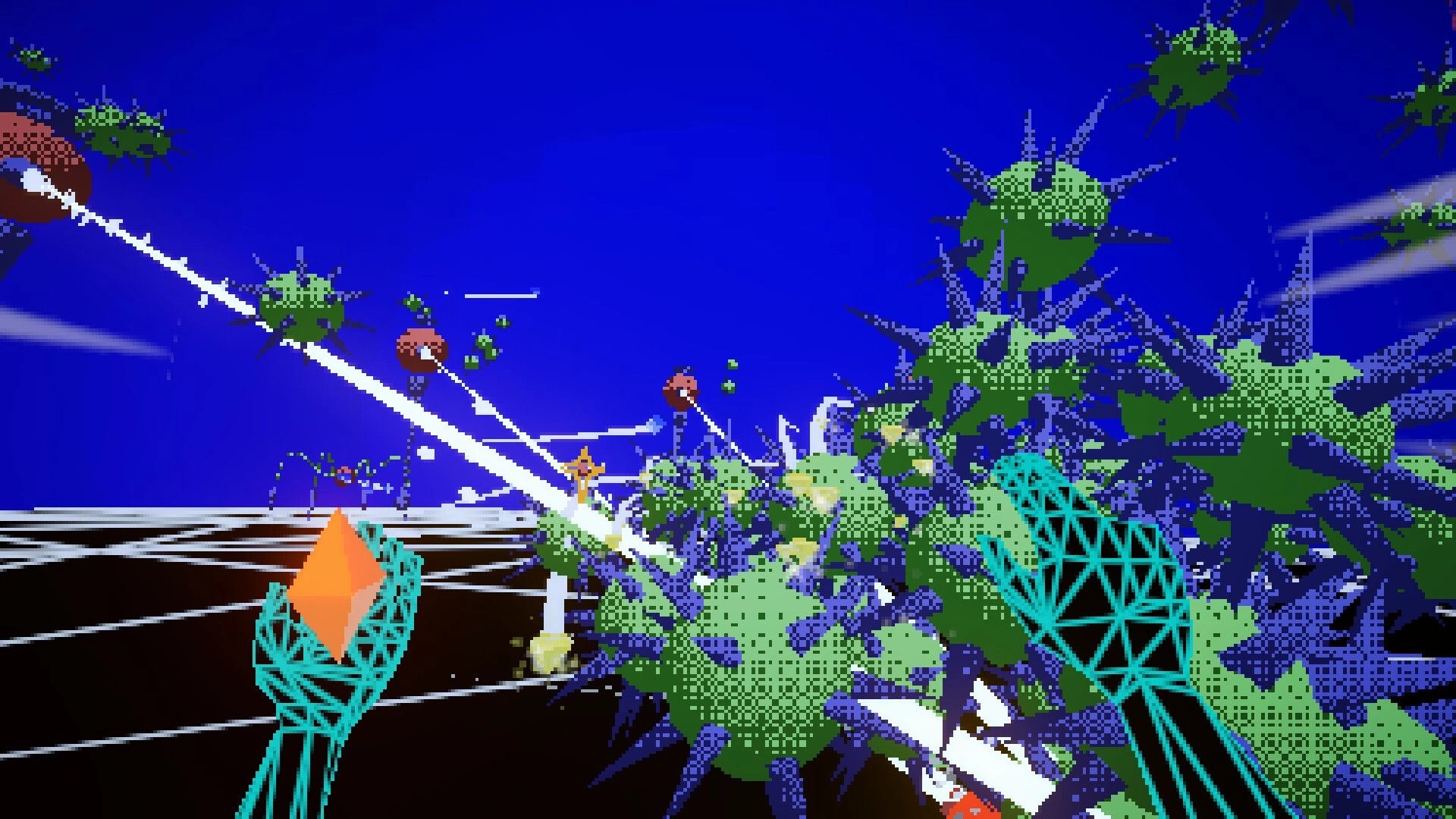 HeavenX: Player fires energy beams at pixelated enemies in a vibrant digital arena environment