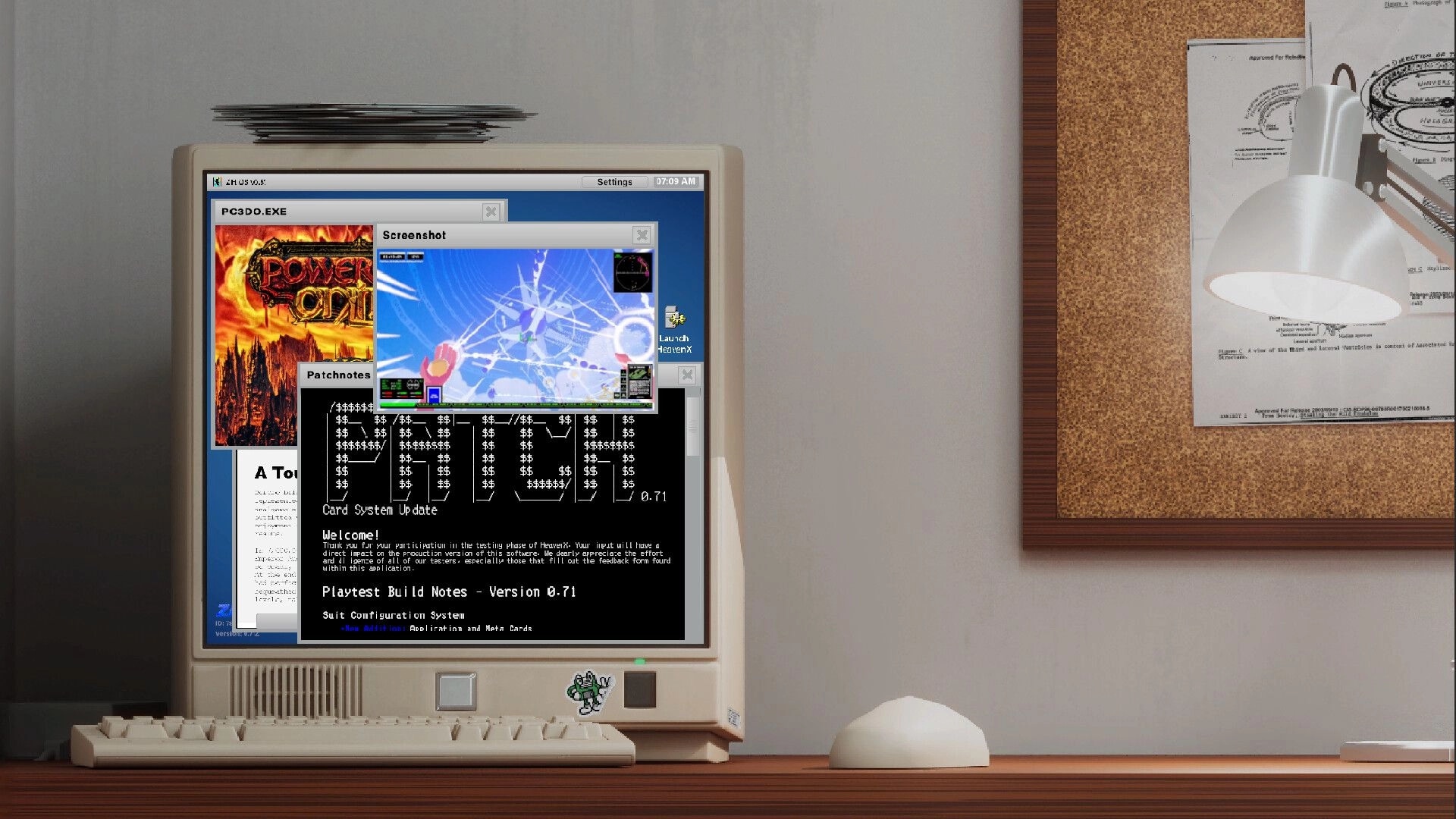 HeavenX: Retro desktop interface displaying patch notes and game icon in a digital workspace setting