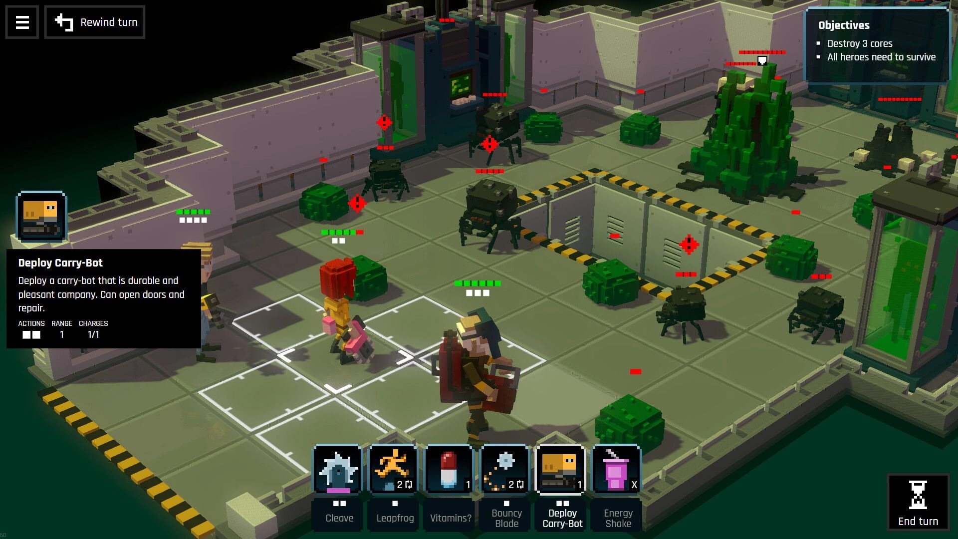 Heavy Duty Inc.: Turn-based battle UI with deploy carry-bot selected in a space station room full of drones.