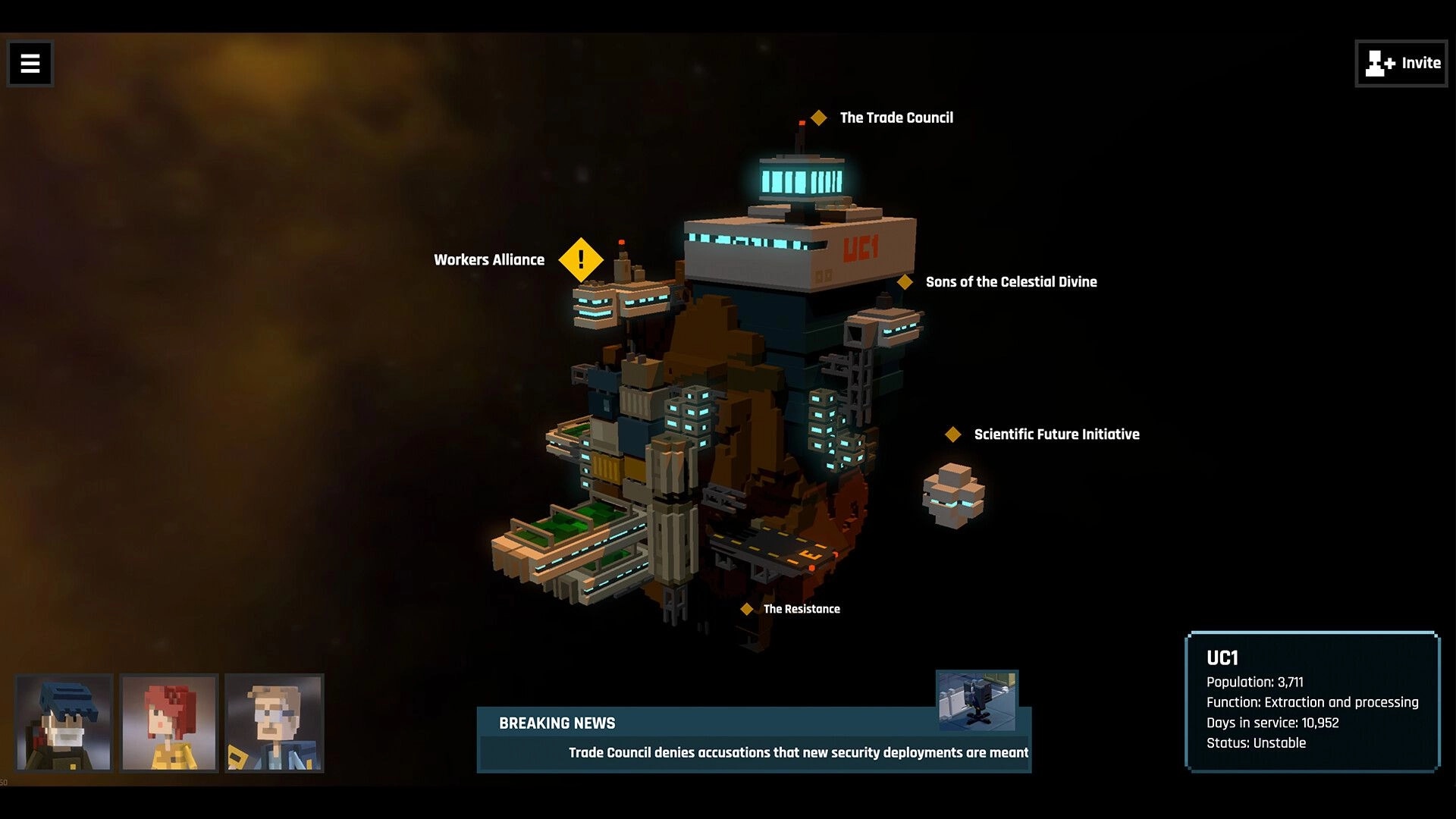 Heavy Duty Inc.: Space station hub map with faction markers and breaking news bar in deep space.