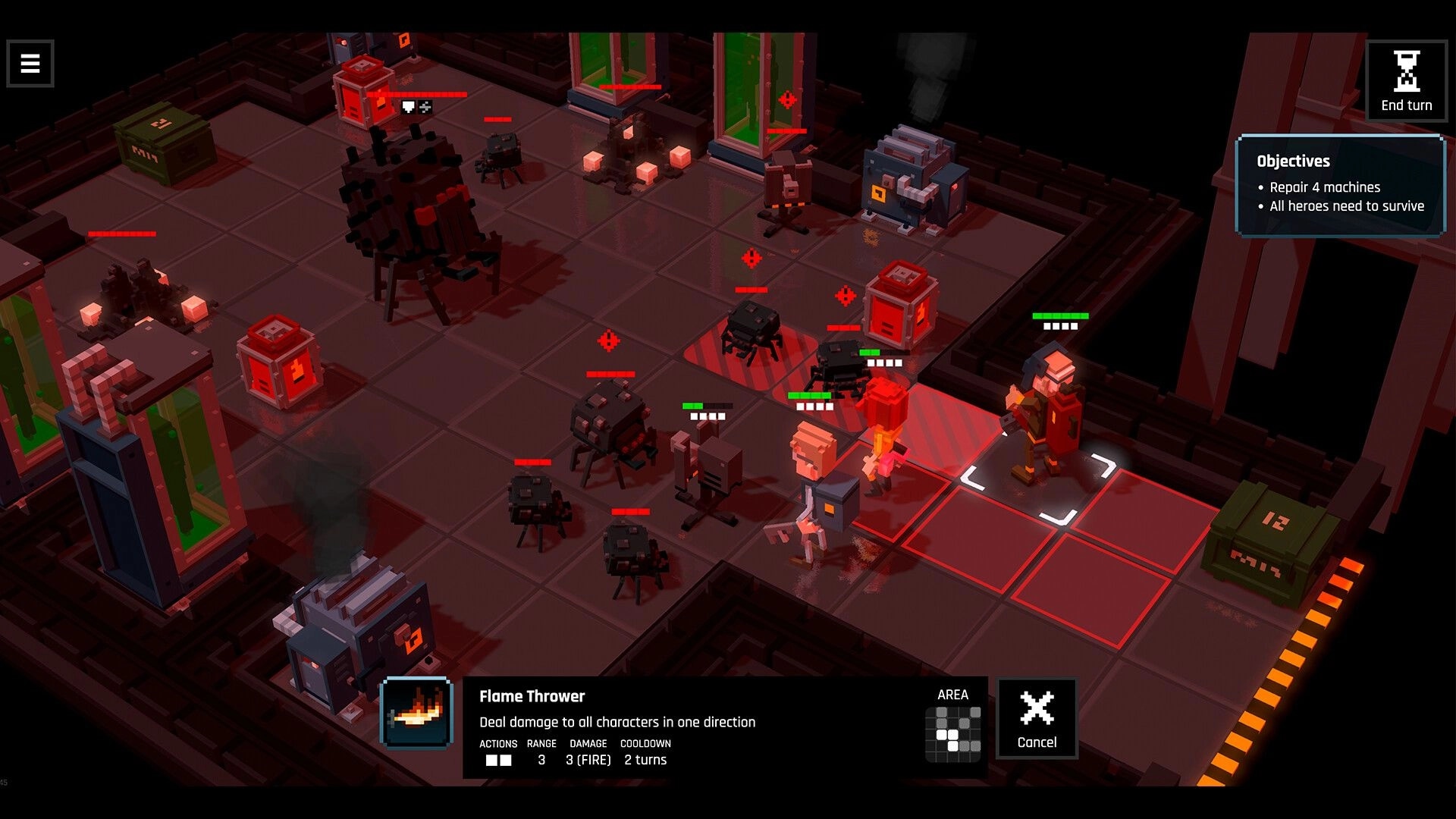 Heavy Duty Inc.: Flamethrower attack preview on grid amid spider bots inside a dim space station room.