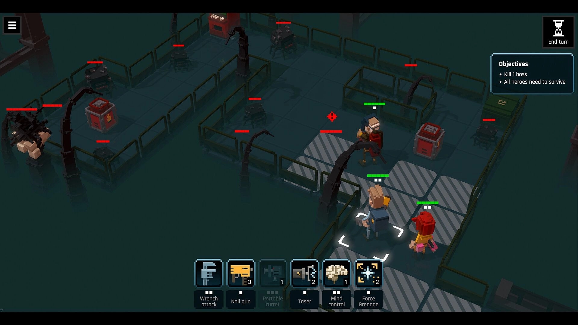 Heavy Duty Inc.: Turn-based fight vs robot turrets with objectives panel in fenced factory room.