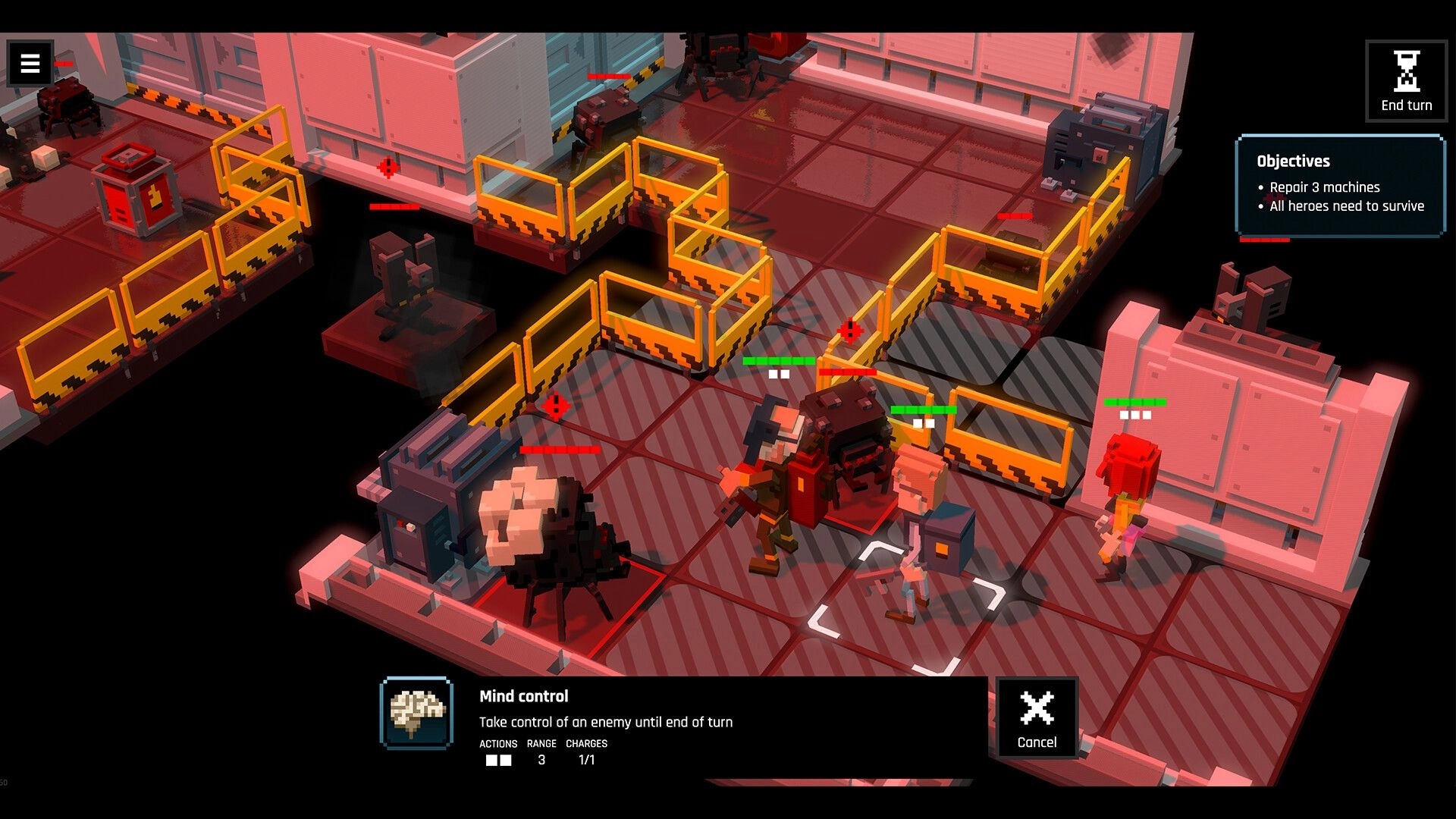 Heavy Duty Inc.: Mind control ability selected in turn-based fight on red factory catwalks UI visible.