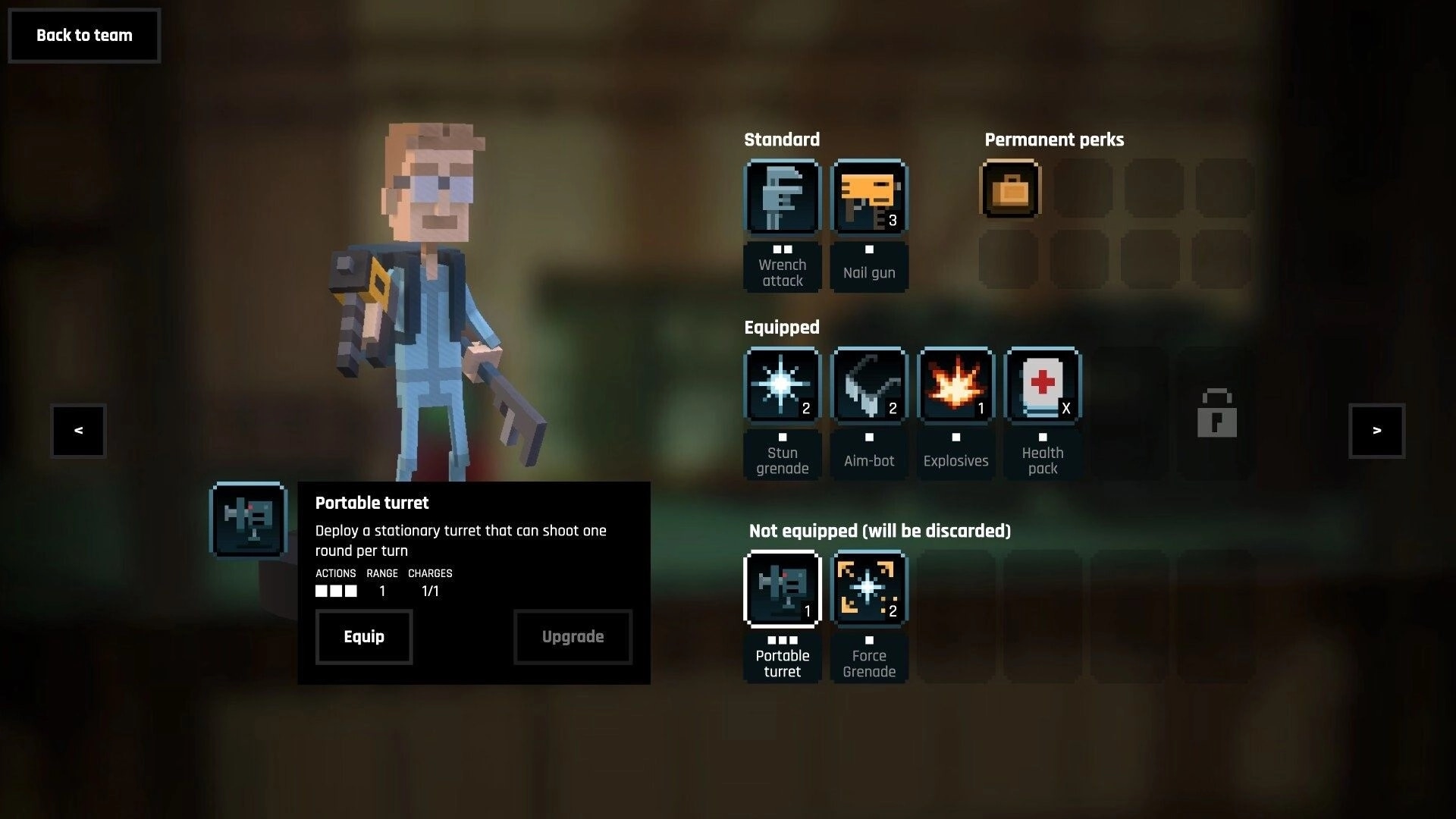 Heavy Duty Inc.: Loadout screen with mechanic avatar and gear slots for grenades, turret, medpack aboard ship.