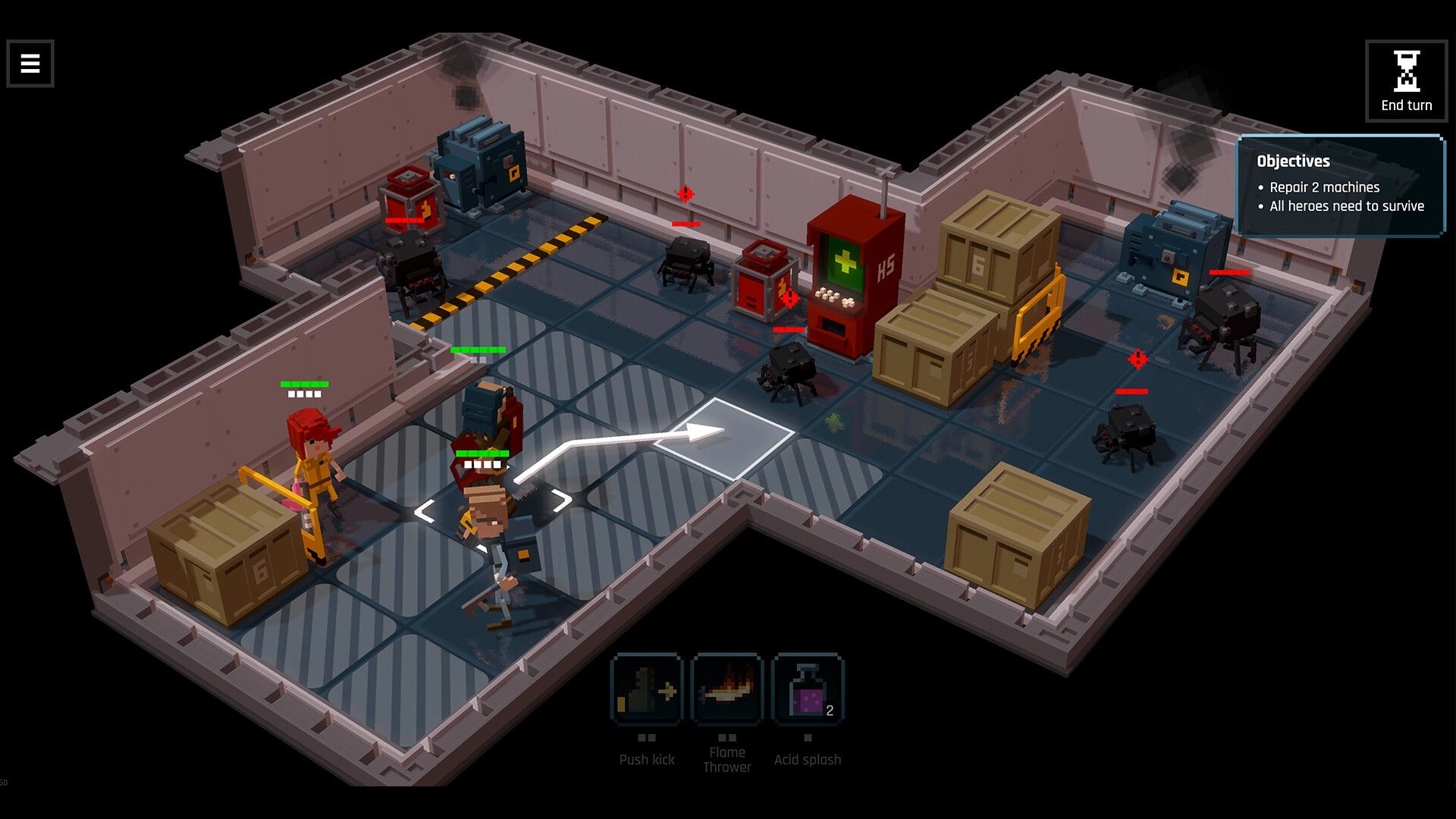 Heavy Duty Inc.: Turn-based move arrow for mechanic squad in a crate-filled room with robots and objectives UI.