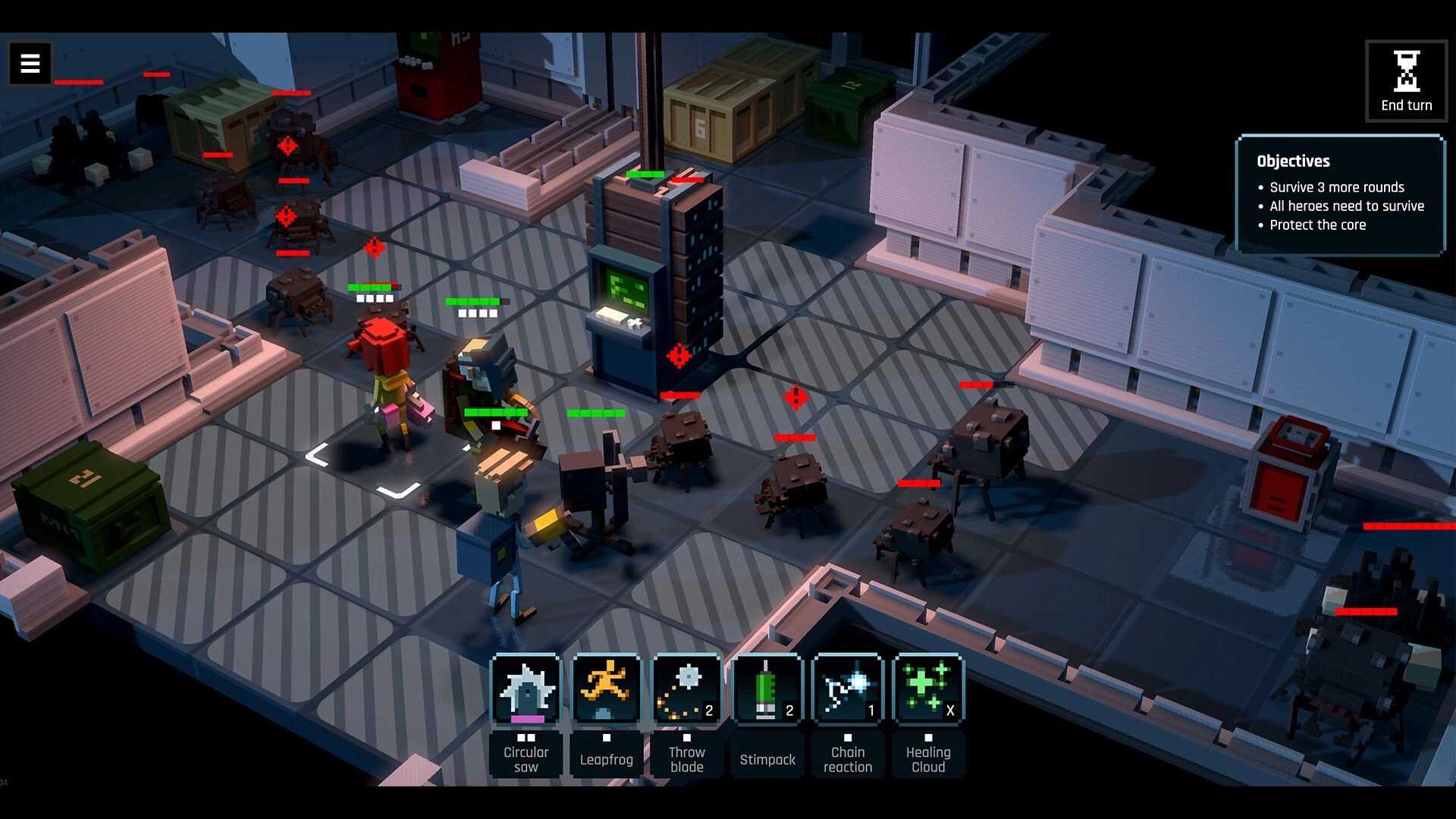 Heavy Duty Inc.: Turn-based battle with three mechanics vs spider bots in a cargo bay, objectives UI.