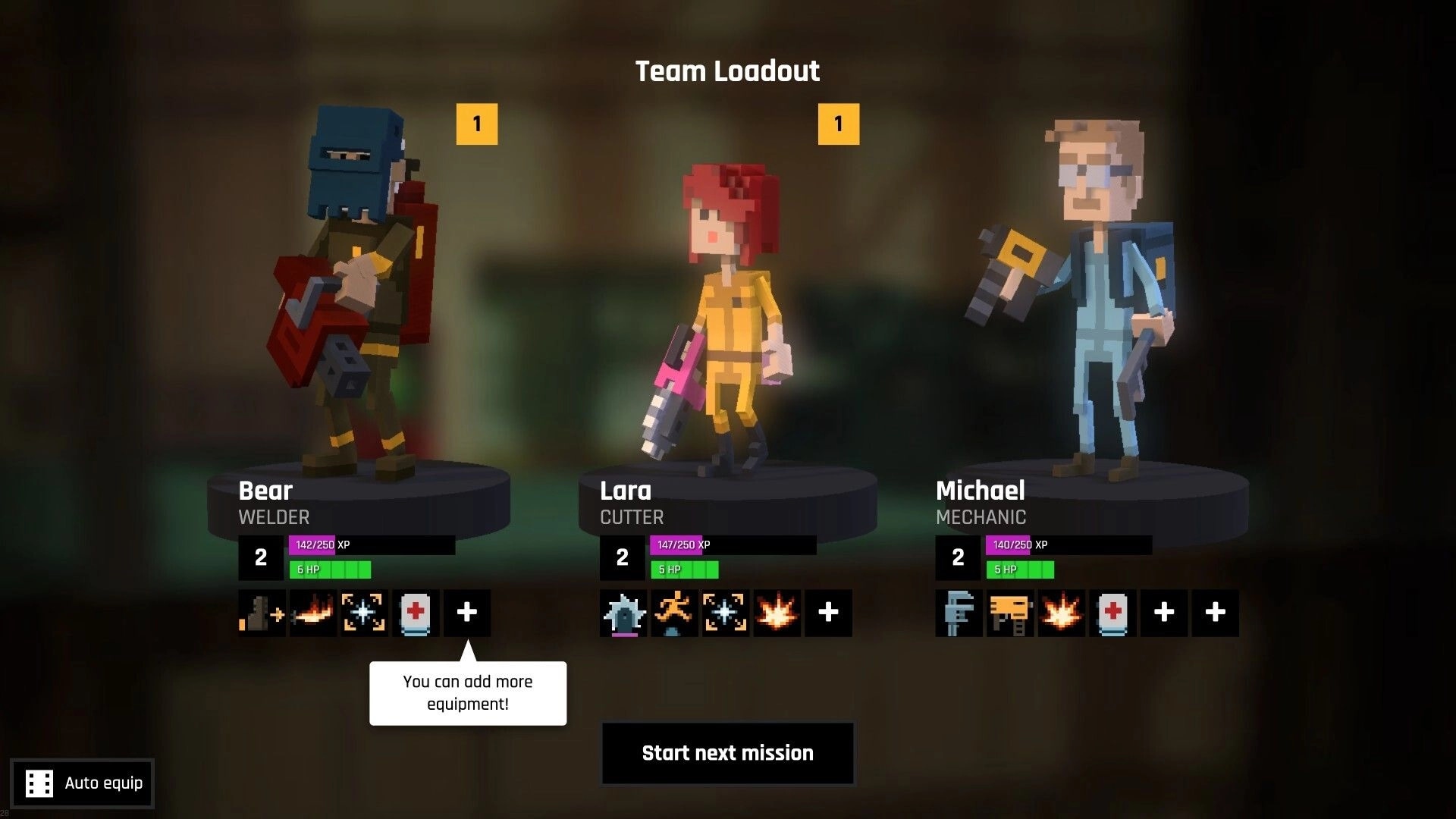 Heavy Duty Inc.: Team loadout screen with Bear, Lara, Michael and gear icons on blurred bay backdrop.