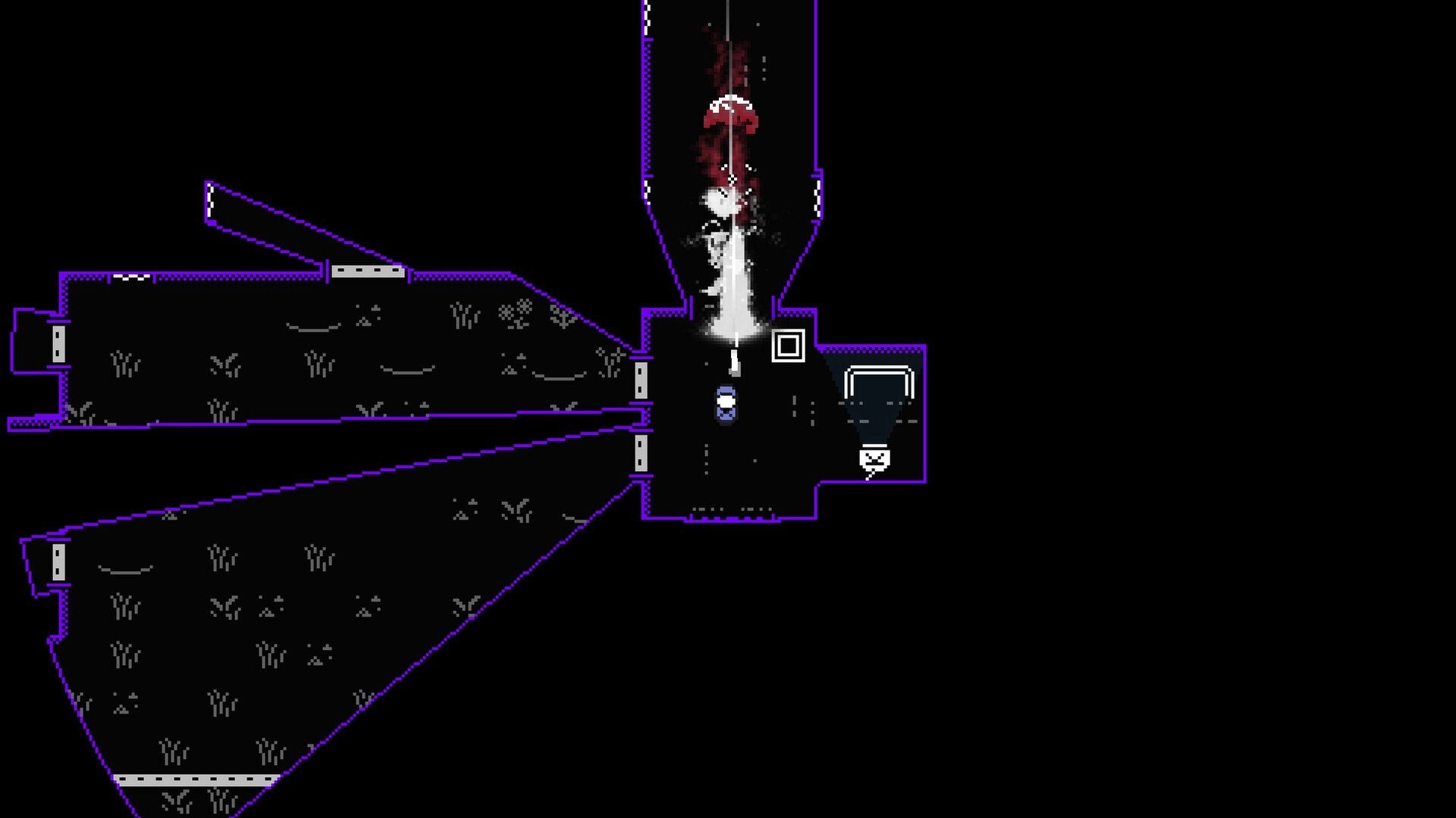 Heavy in the Hand: Player sprite in dark corridor beneath a blood-red geyser, near a square switch icon.