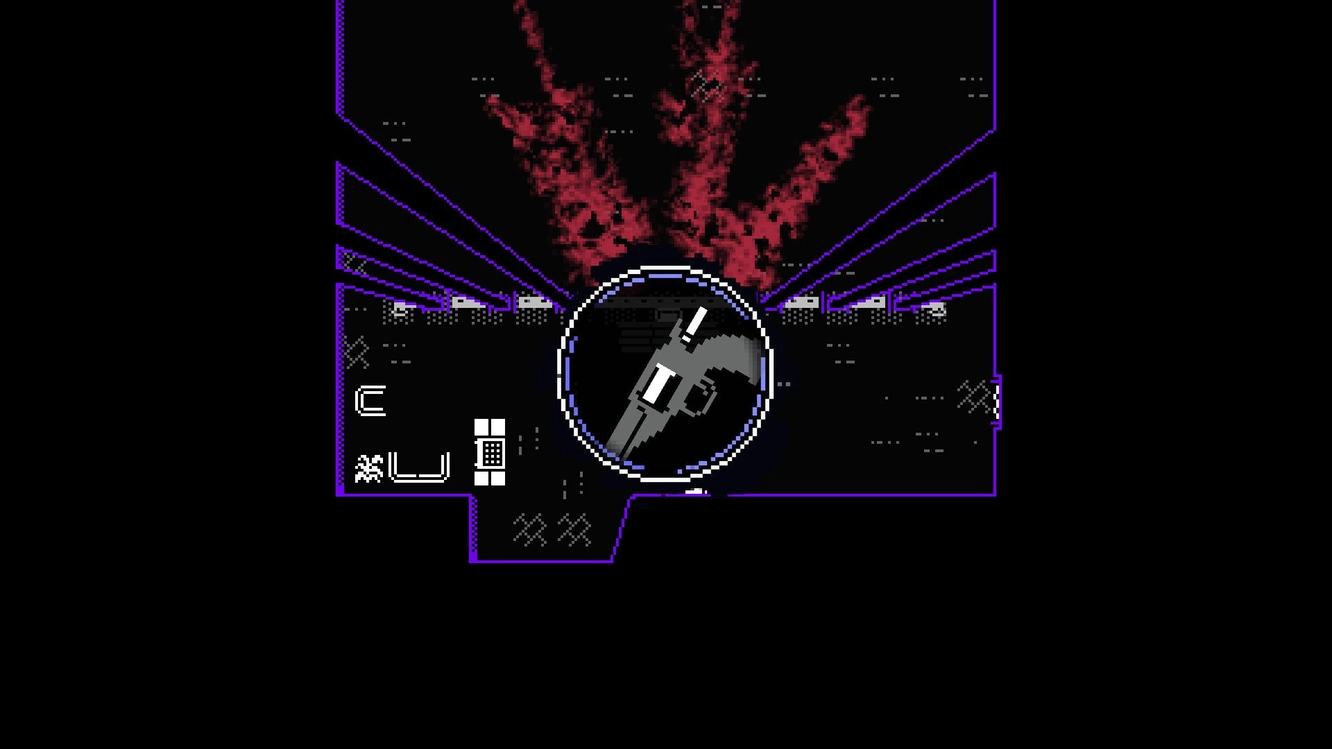 Heavy in the Hand: Top-down pistol aiming in a purple-outlined corridor with blood spray and icons.