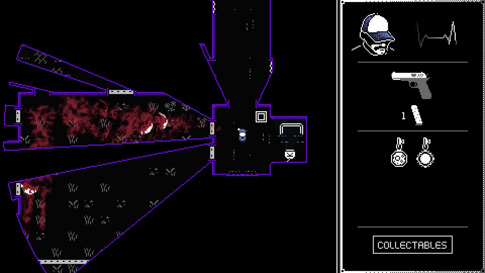 Heavy in the Hand: Inventory panel with pistol and charms as player stands in dark corridor map.
