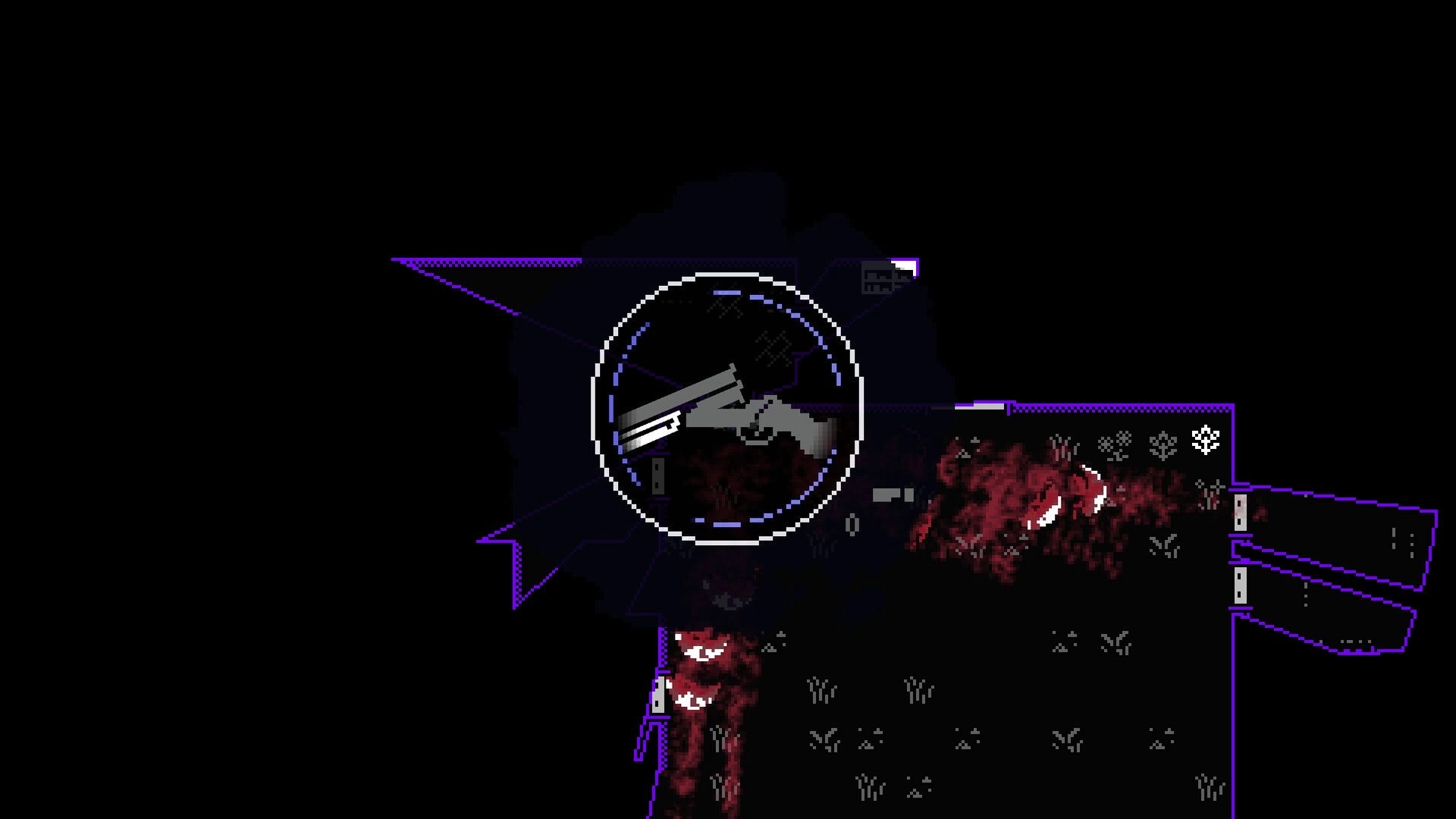 Heavy in the Hand: Revolver aiming reticle over dark corridor with purple outlines and gore stains.
