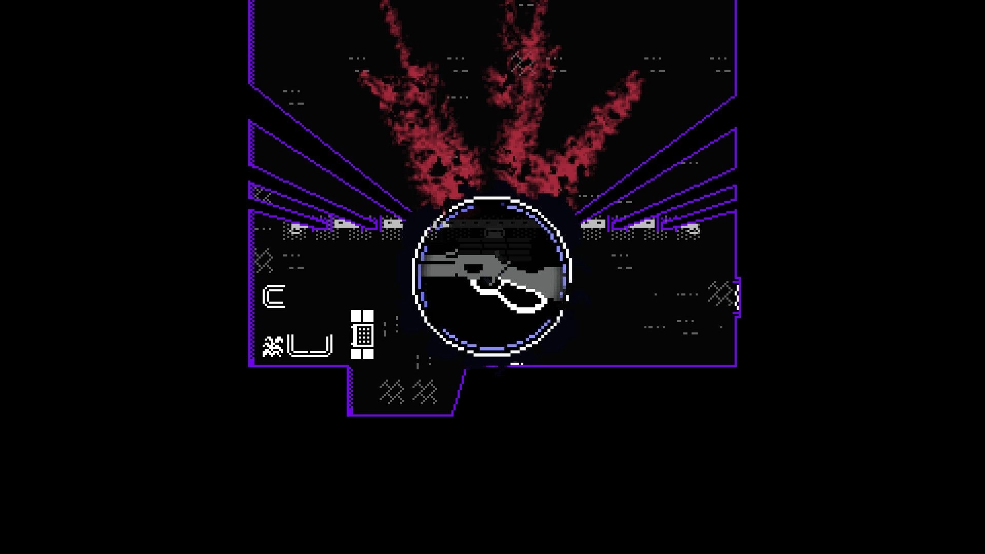 Heavy in the Hand: Top-down arena with shotgun crosshair, purple walls, and red gore plume above.
