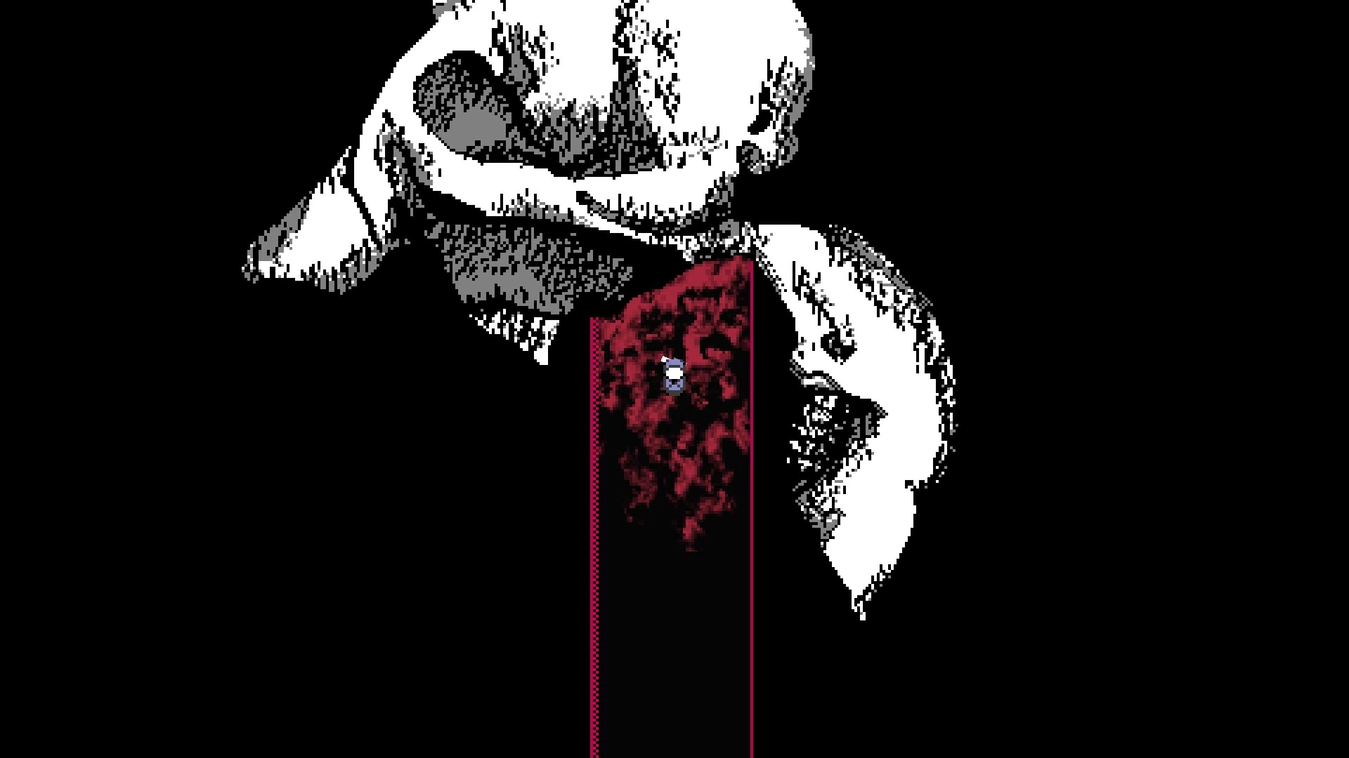 Heavy in the Hand: Player sprite in a narrow red corridor beneath a huge skull-like face in darkness.