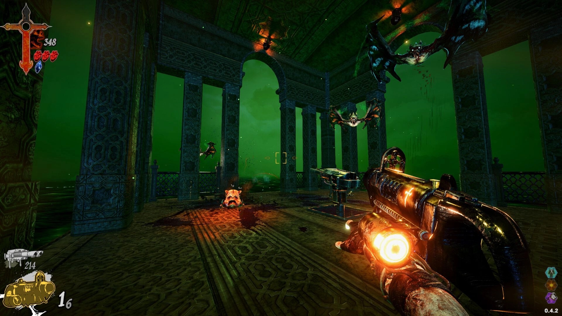 HEIRESIS: First-person aiming cannon gun at flying demons in green-lit stone colonnade arena.