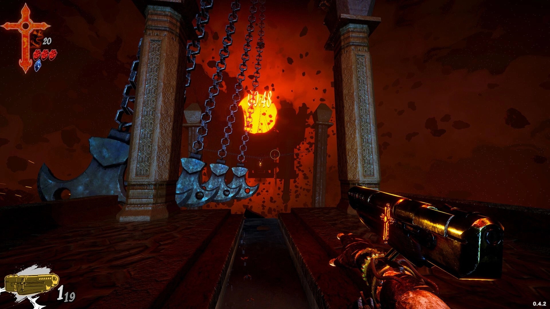 HEIRESIS: First-person shotgun view facing swinging chain blades between stone pillars in red void.