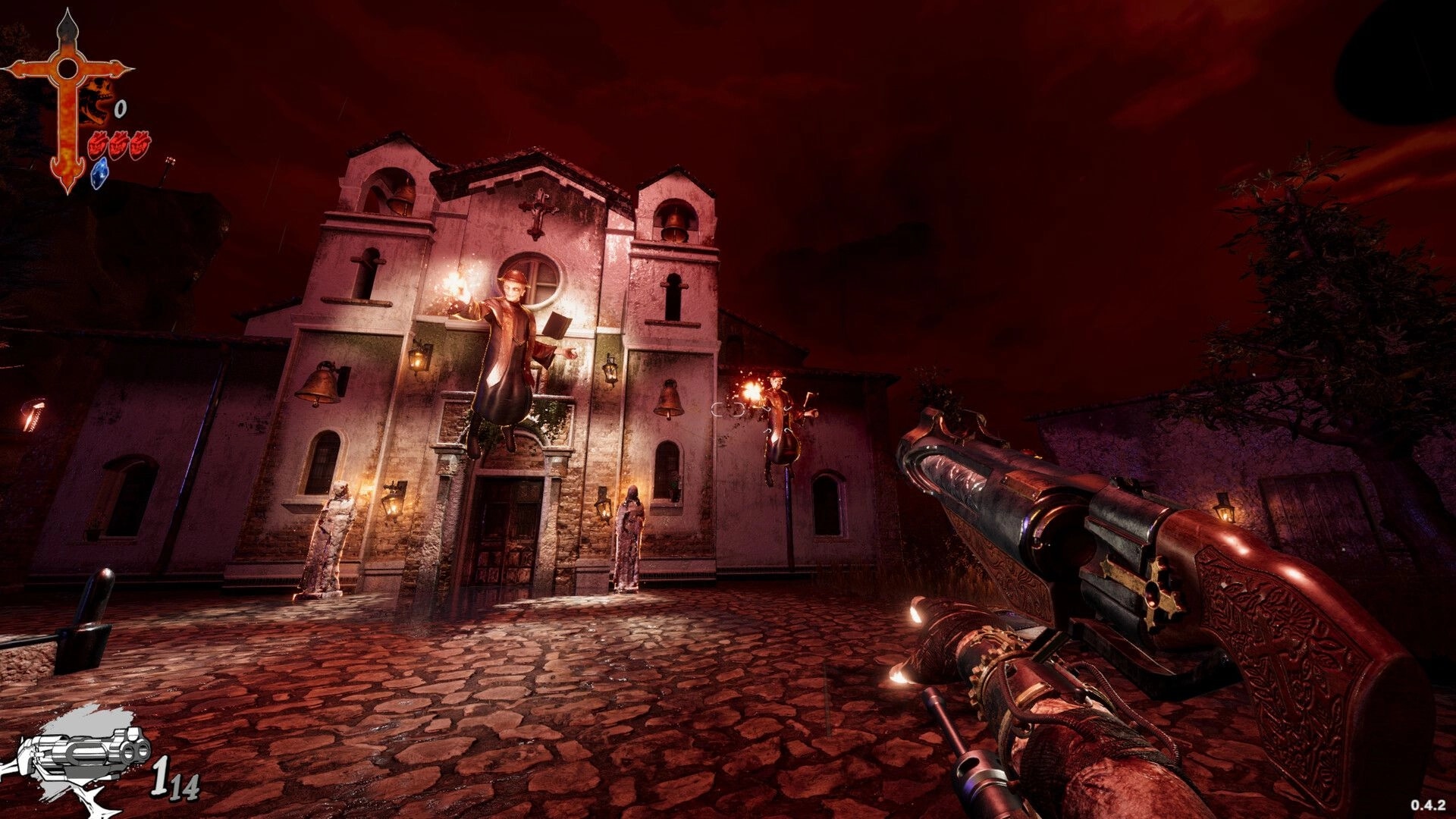 HEIRESIS: Shotgun aimed at floating cultists outside a church under red stormy sky with HUD icons.