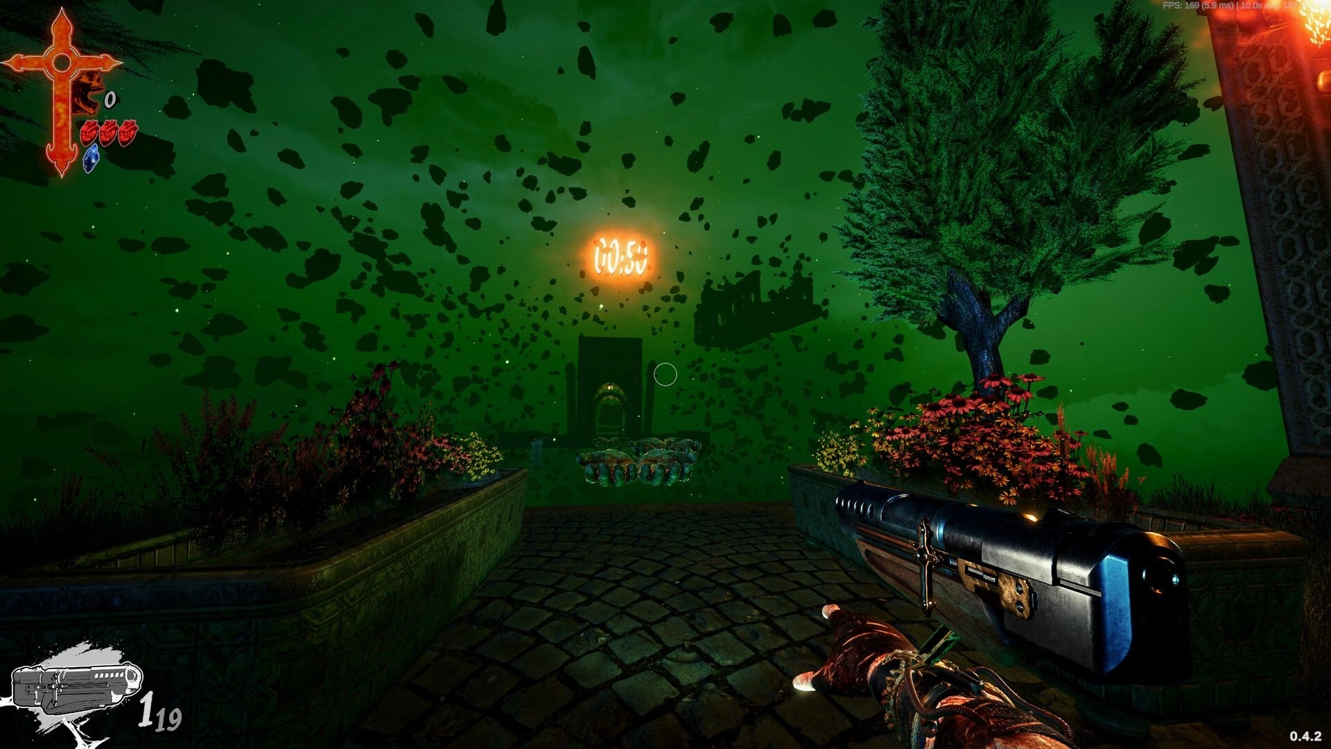 HEIRESIS: First-person gun aimed at glowing portal under green sky with floating debris and HUD hearts.