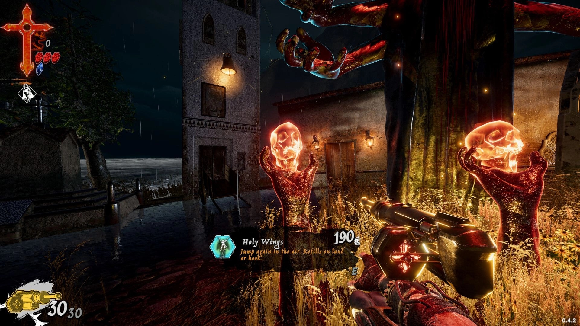 HEIRESIS: First-person cannon aimed at glowing skull totems in a rainy village courtyard at night.