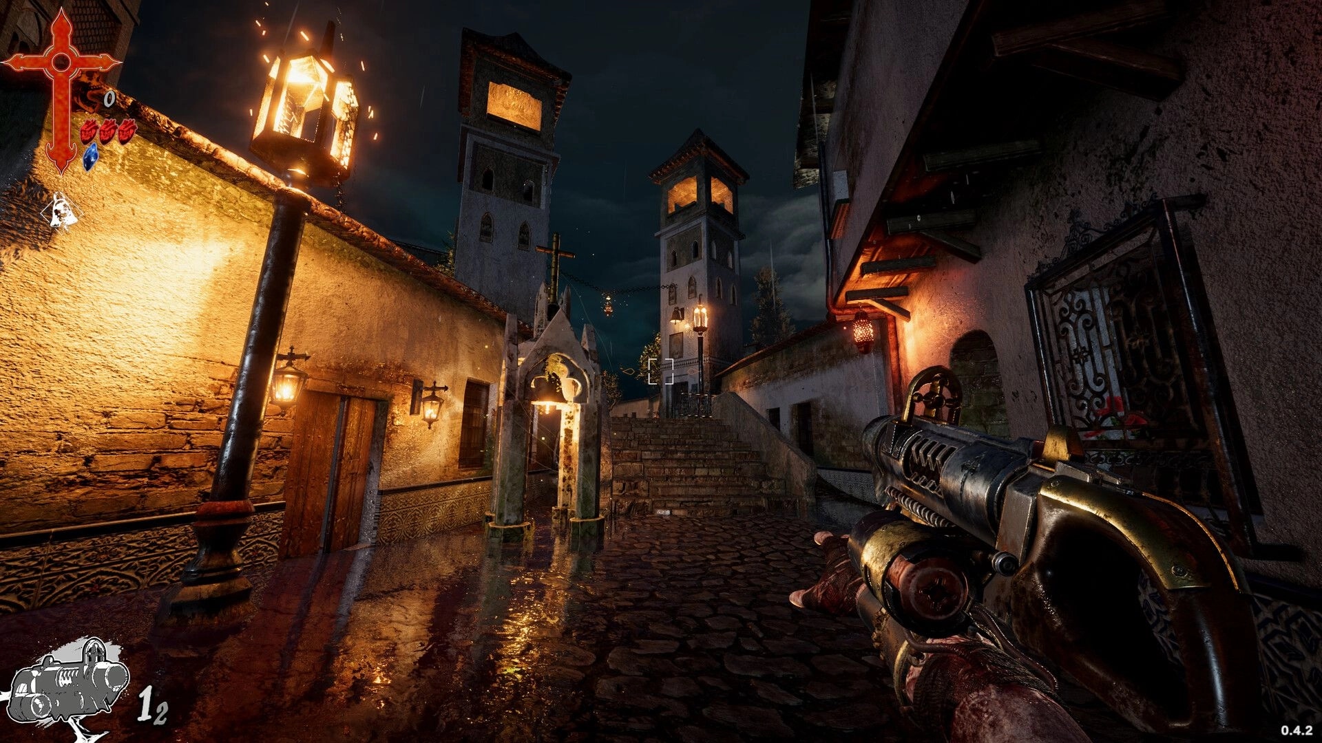 HEIRESIS: First-person shotgun aiming up wet cobblestone stairs in lantern-lit Spanish town at night.