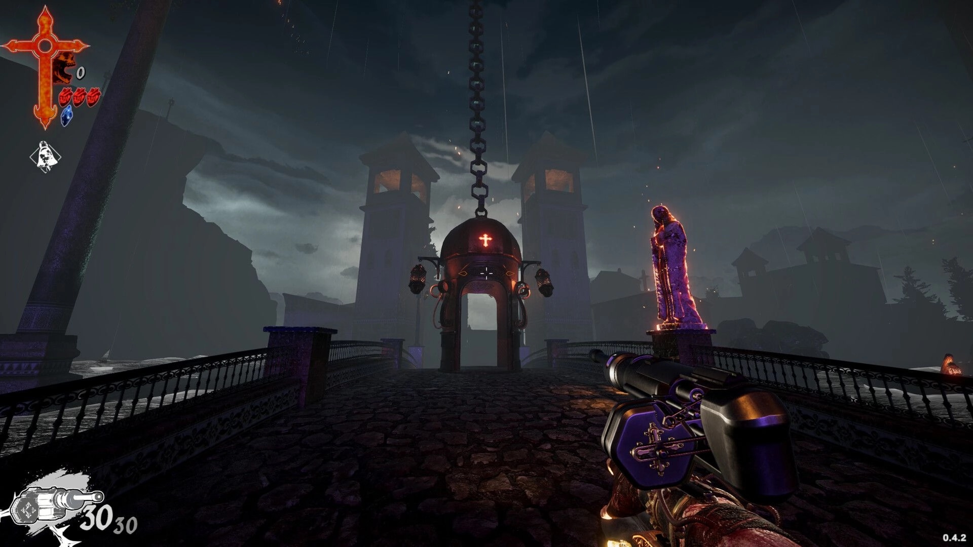 HEIRESIS: First-person aiming cannon down rainy bridge toward chapel gate with health and ammo HUD.