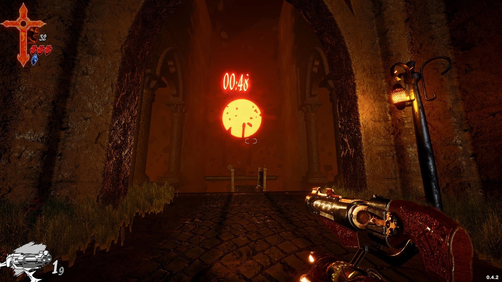 HEIRESIS: First-person gun aimed at glowing red portal timer in torchlit stone archway corridor.