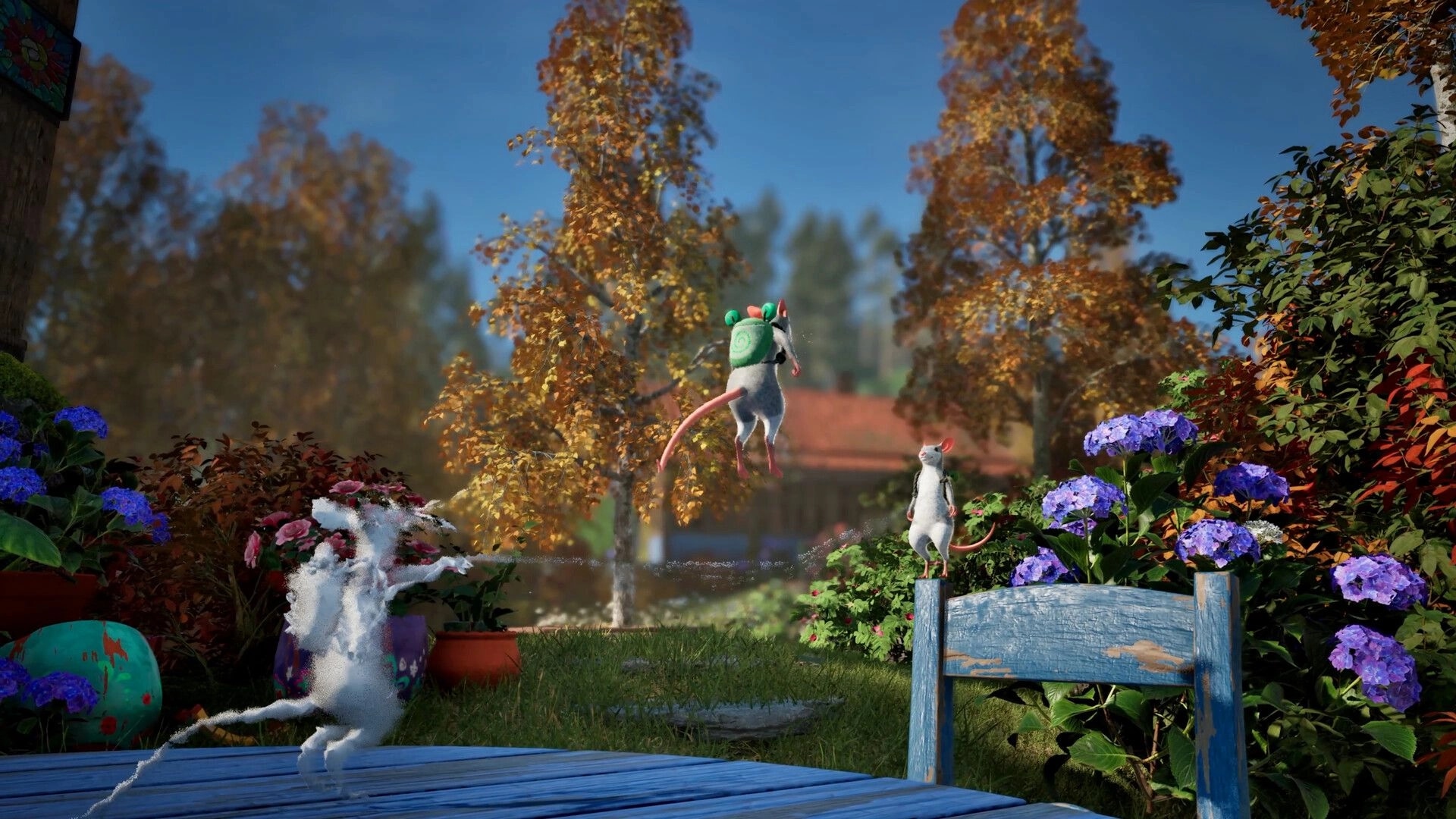 Hela: Two mice leap above a garden bench and hydrangeas in a sunny autumn yard scene.