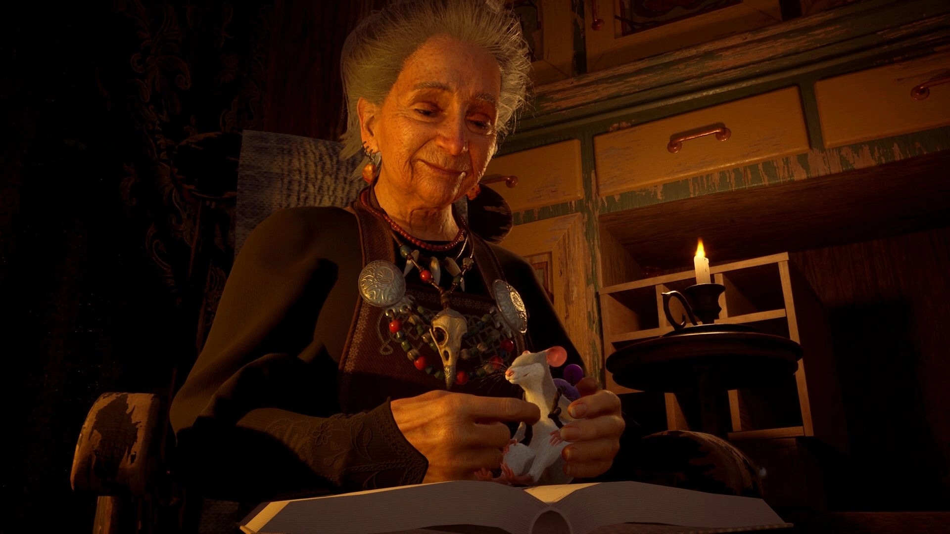 Hela: Elderly woman gently holding a white mouse at a table in a candlelit wooden kitchen interior.