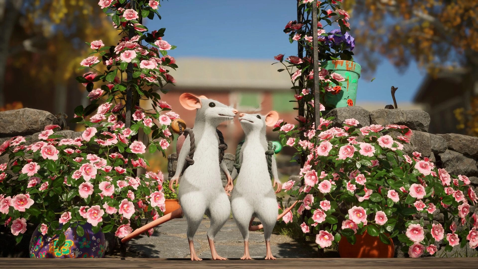 Hela: Two white mice stand together amid pink rose bushes and stone walls in a sunny garden path.