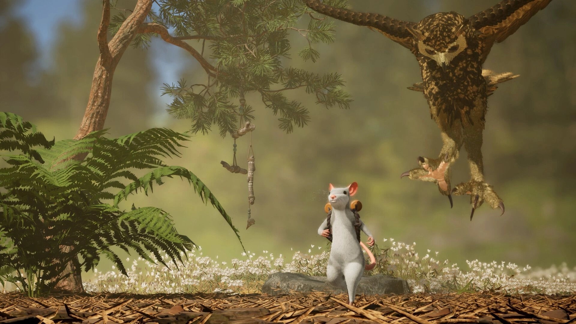 Hela: Mouse adventurer with backpack faces a swooping owl in a sunlit forest clearing.