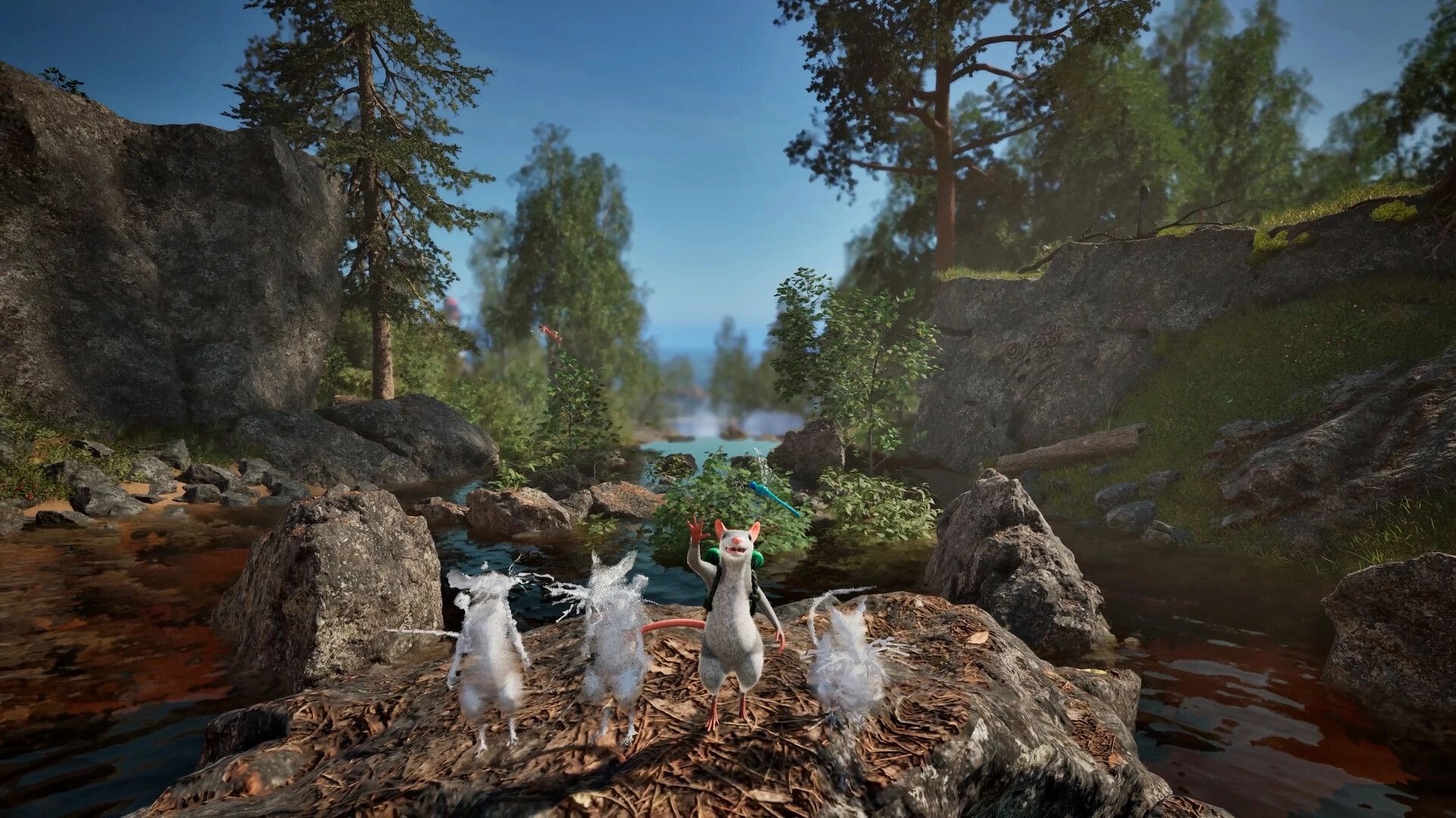 Hela: Mouse adventurer waves beside ghostly companions on a rocky riverbank in forest canyon.