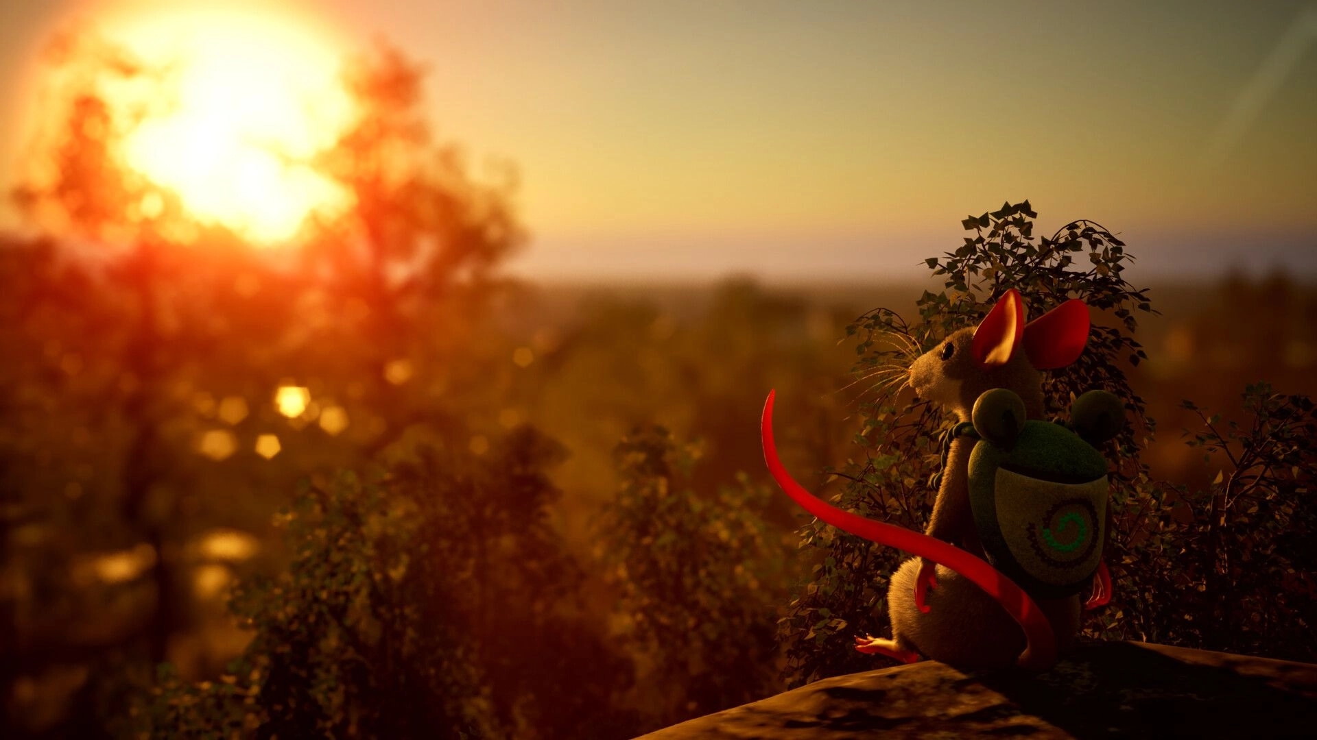 Hela: Small mouse with backpack and red ribbon gazes at sunset over a blurred forest valley.