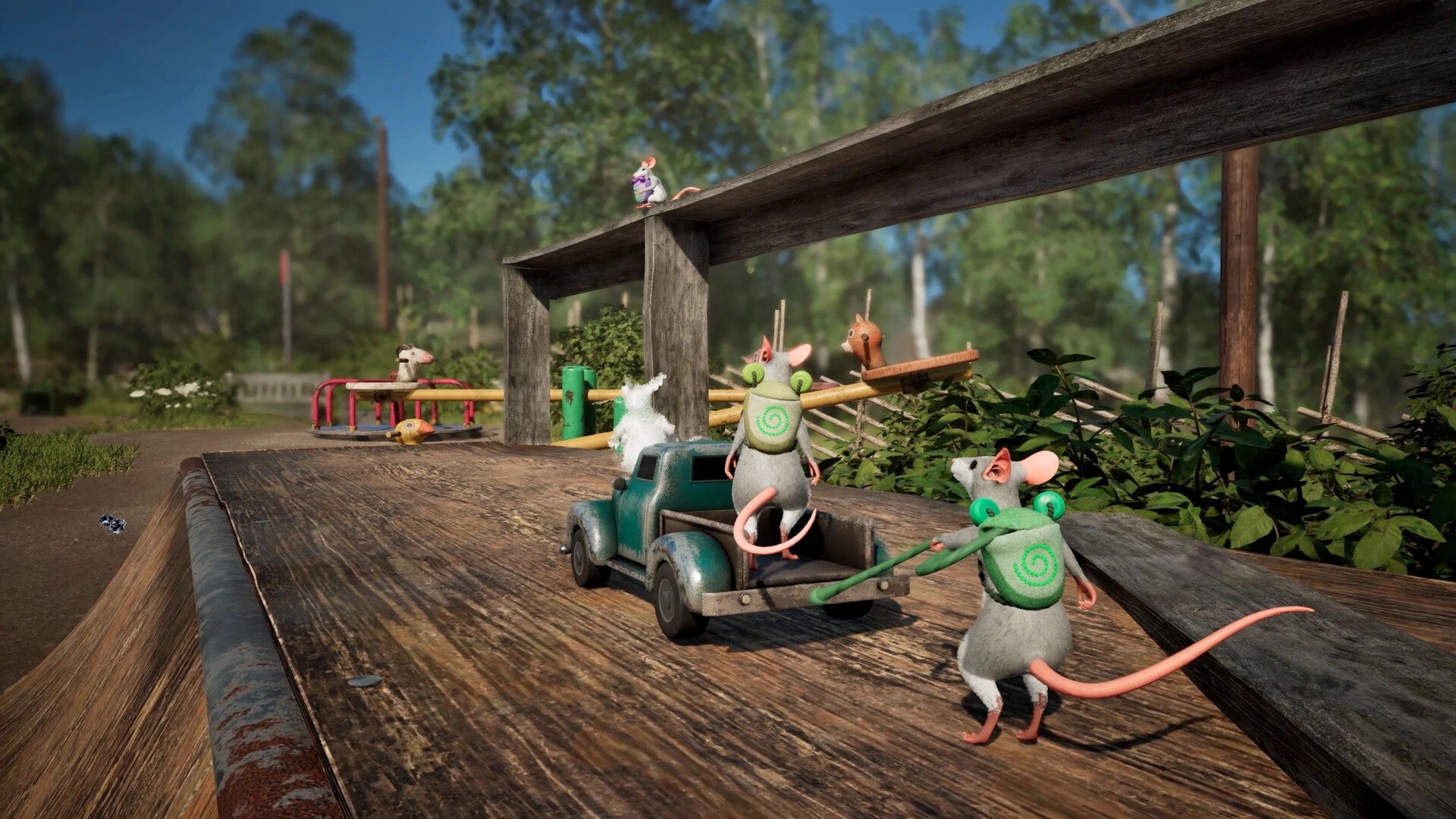 Hela: Two backpacked mice push a toy truck up a wooden ramp in a sunny playground scene.