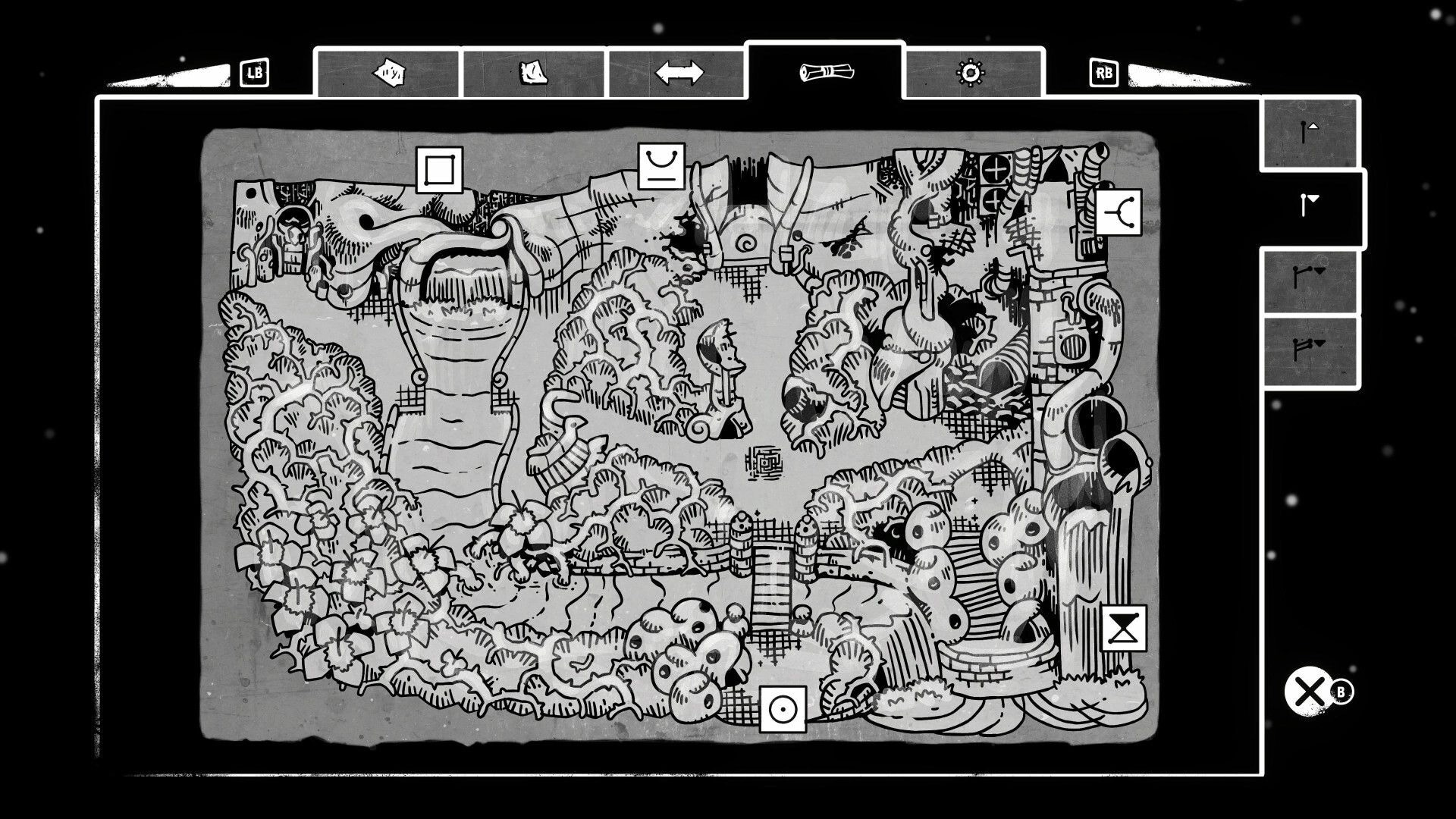 Helix: Hand-drawn world map screen with icons and tabs, showing forest paths and ruins layout.