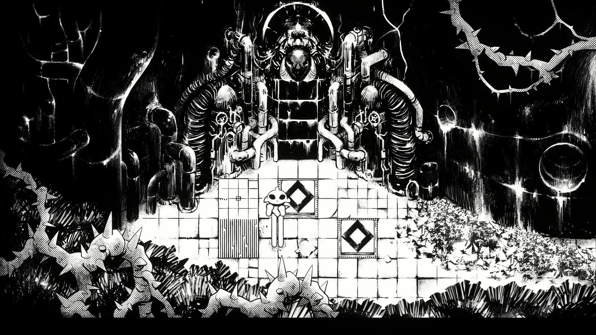 Helix: Small masked figure on tiled puzzle floor near diamond switches in a dark pipe-filled chamber.