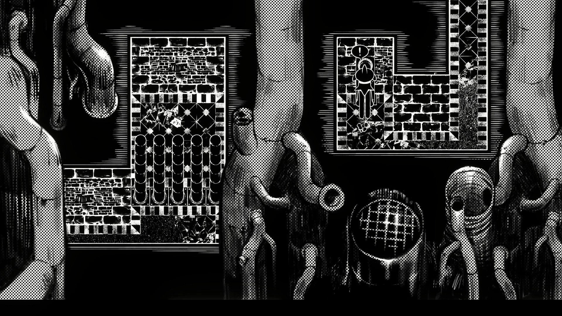 Helix: Top-down maze puzzle with a small figure and pillars amid pipes in a stark black-and-white ruin.