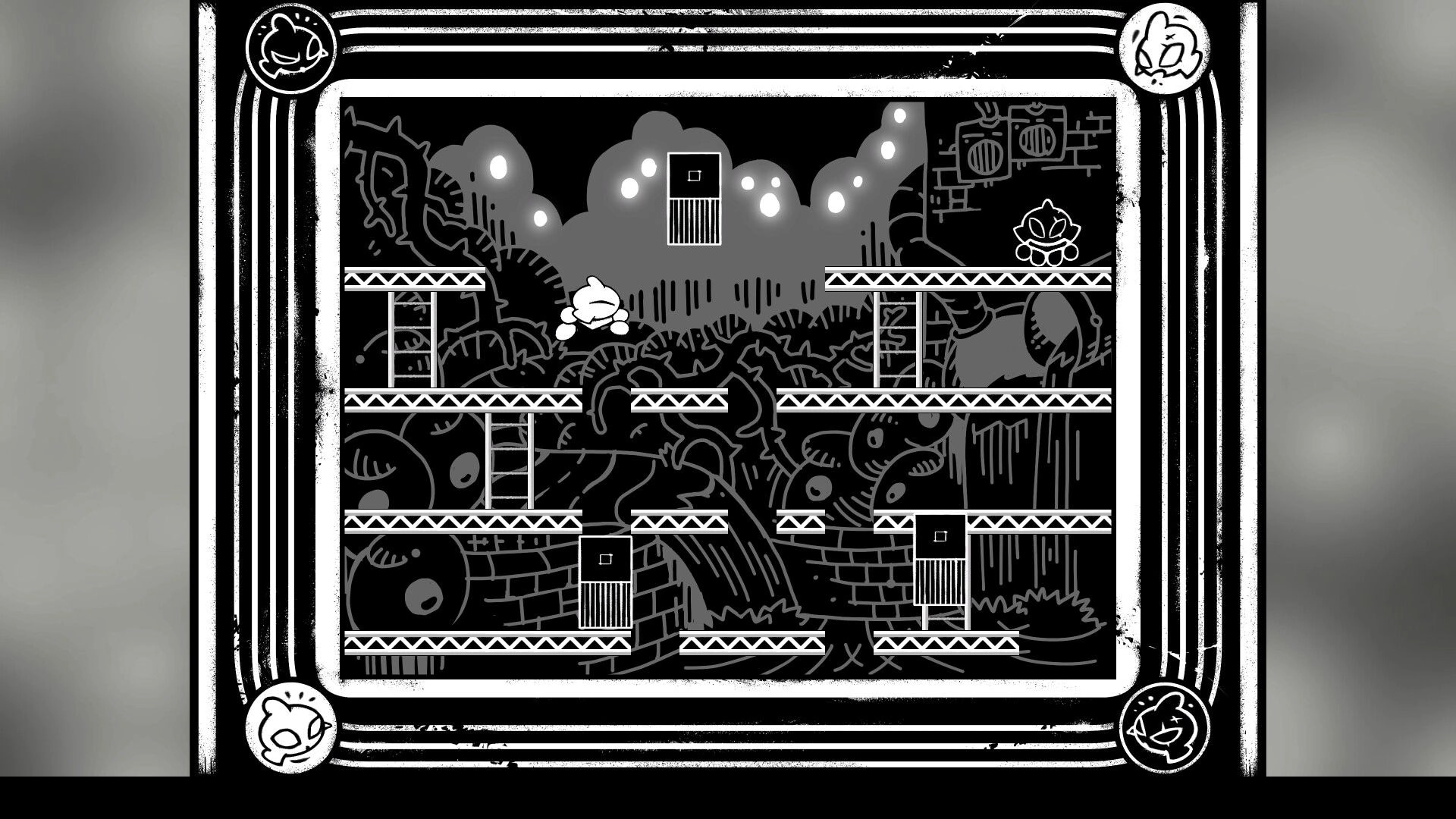 Helix: Two small creatures on platforms near ladder and doors in monochrome cave puzzle room UI.