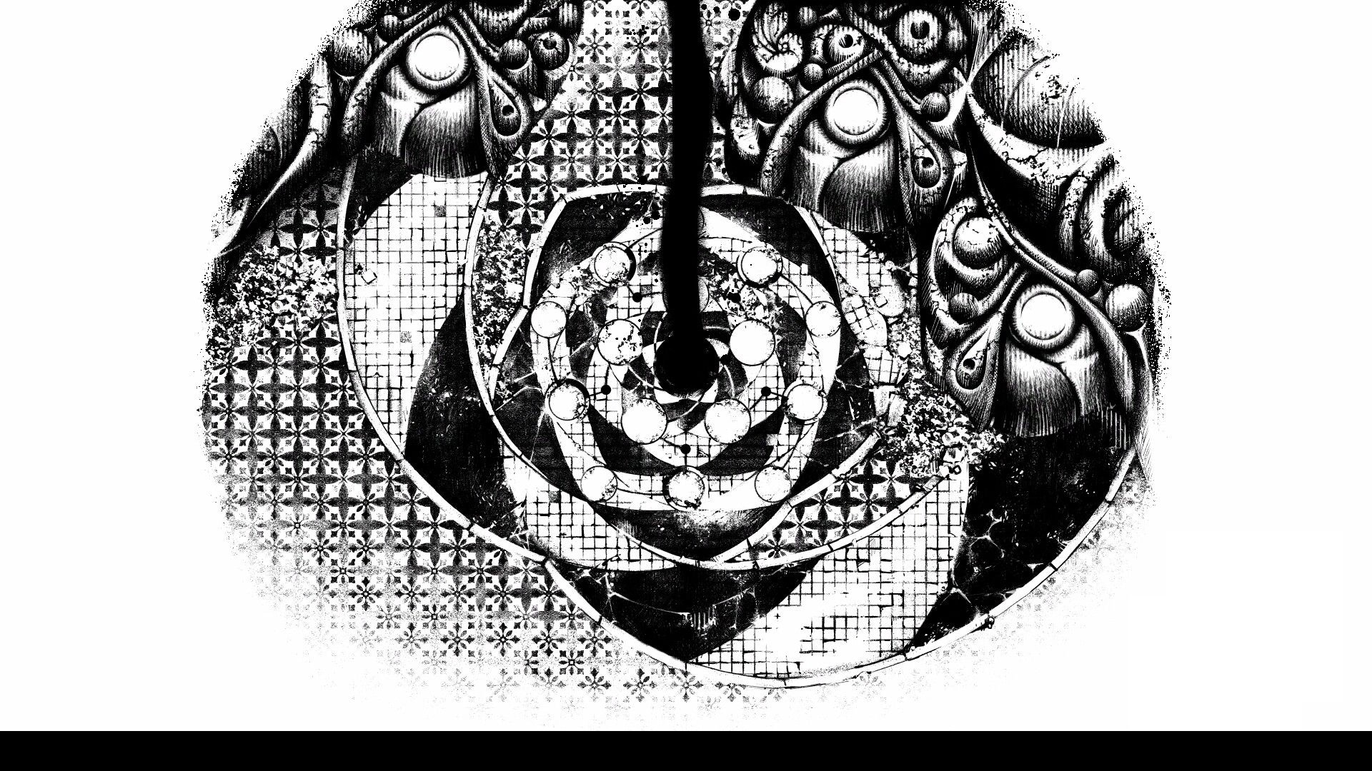 Helix: Abstract spiral glyph with orbiting nodes and a central pillar over patterned stone mosaic floor.