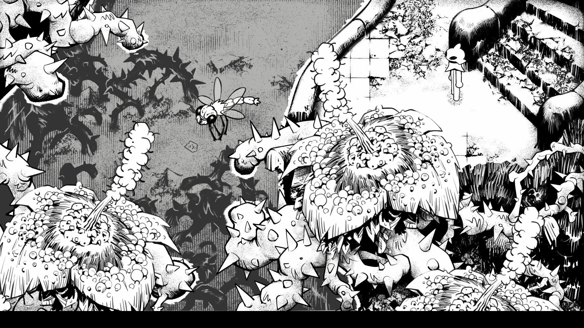 Helix: Small character stands by a tiled path amid spiky plants and giant flower hazards in ruins.