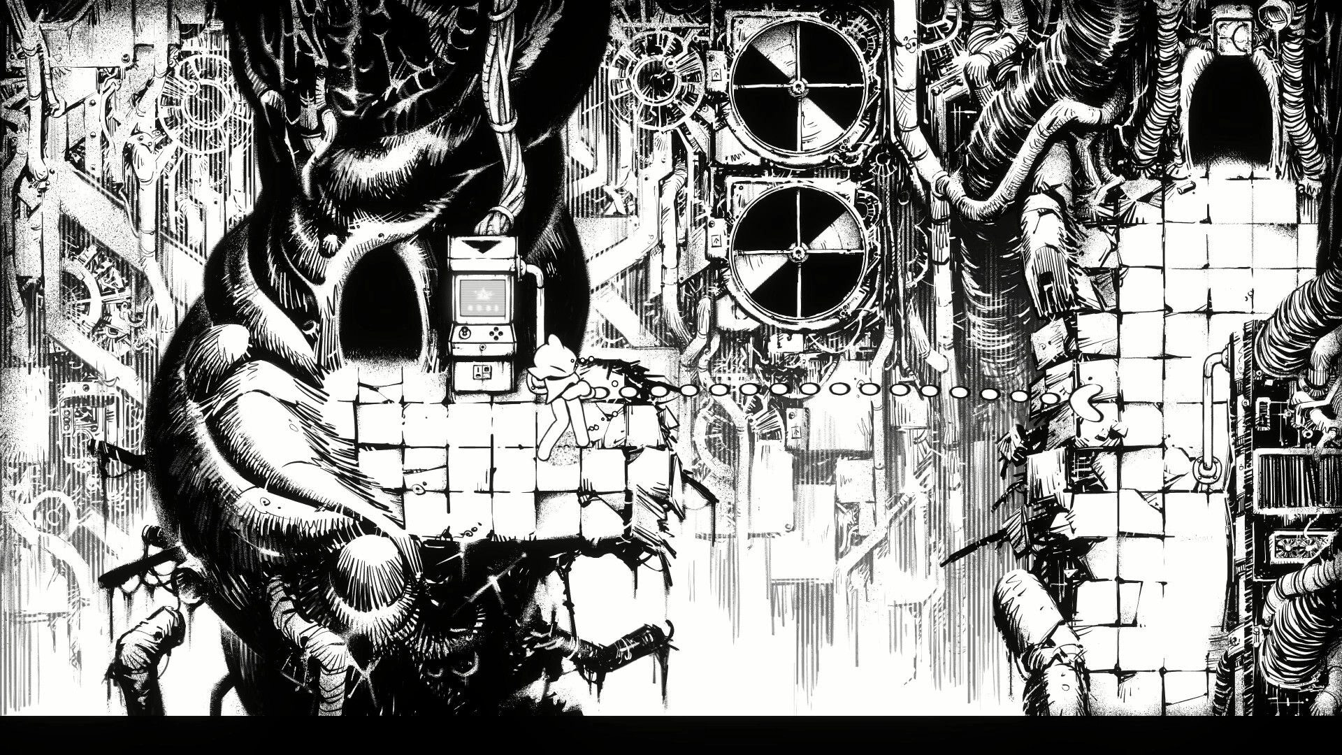 Helix: Small figure crosses cracked tiled platforms following dotted path in a cavern of pipes and fans.