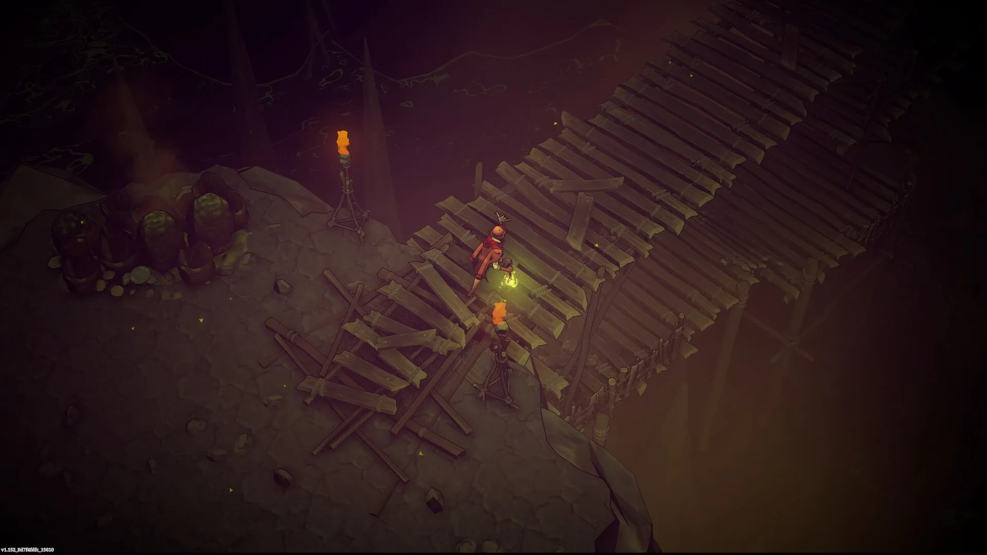 Hell Clock: Player character crossing a rickety wooden bridge lit by torches in a dark dungeon setting.