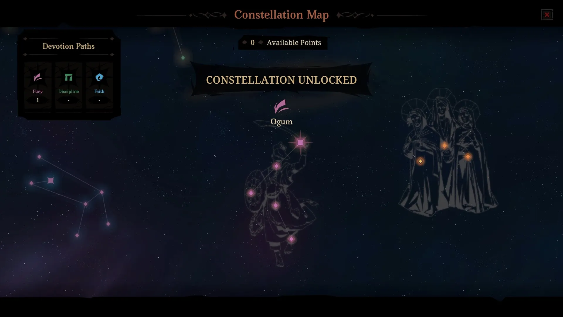Hell Clock: Constellation map with Ogum unlocked, showing devotion paths Fury, Discipline, Faith