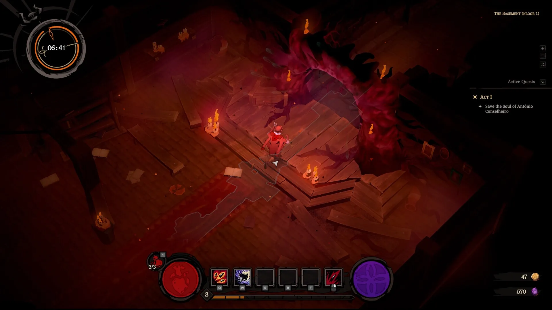 Hell Clock: Character explores a dimly lit dungeon with eerie red portal and glowing candles