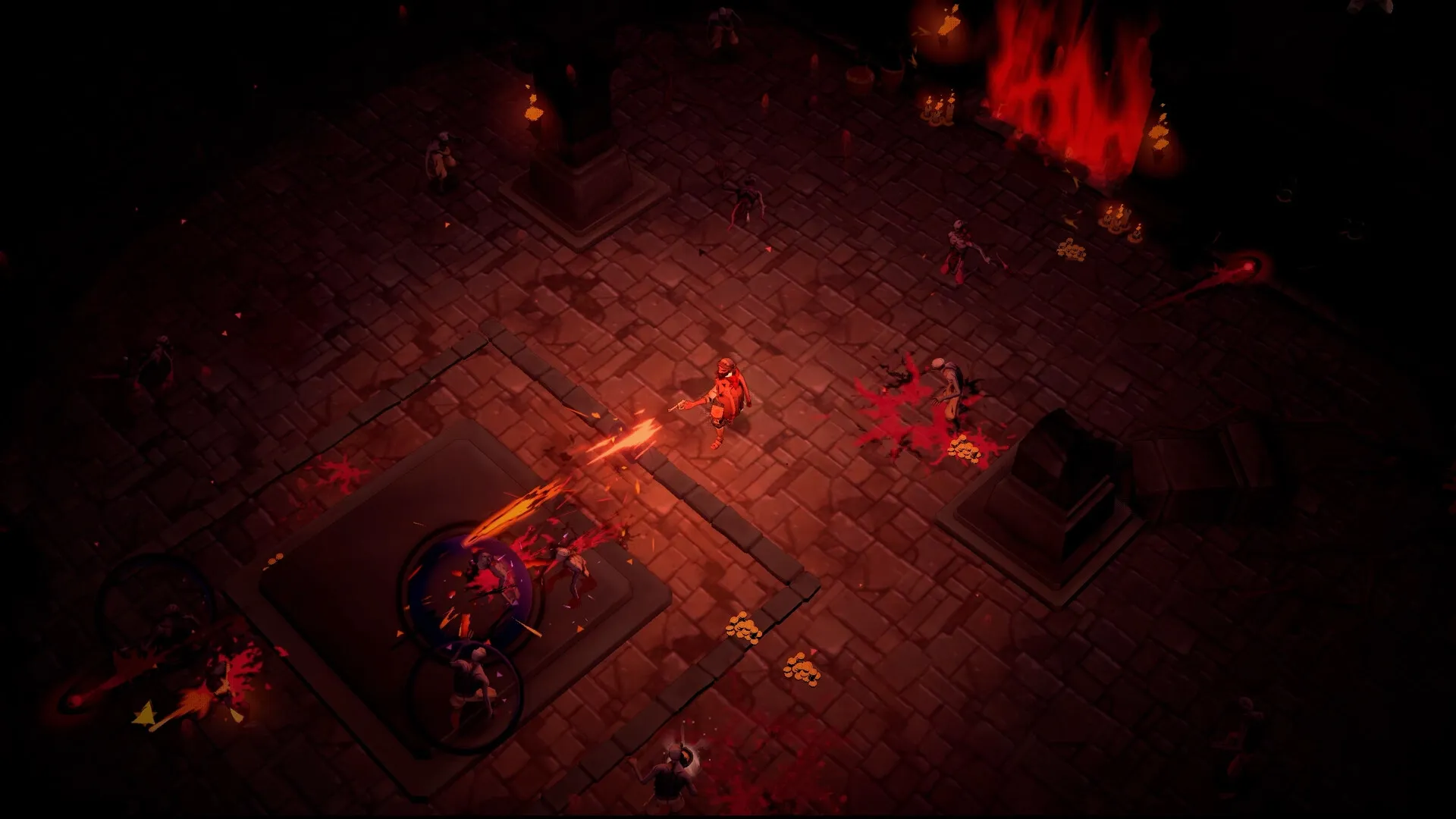 Hell Clock: Player character casting fiery spell against enemies in dimly lit dungeon with red flames